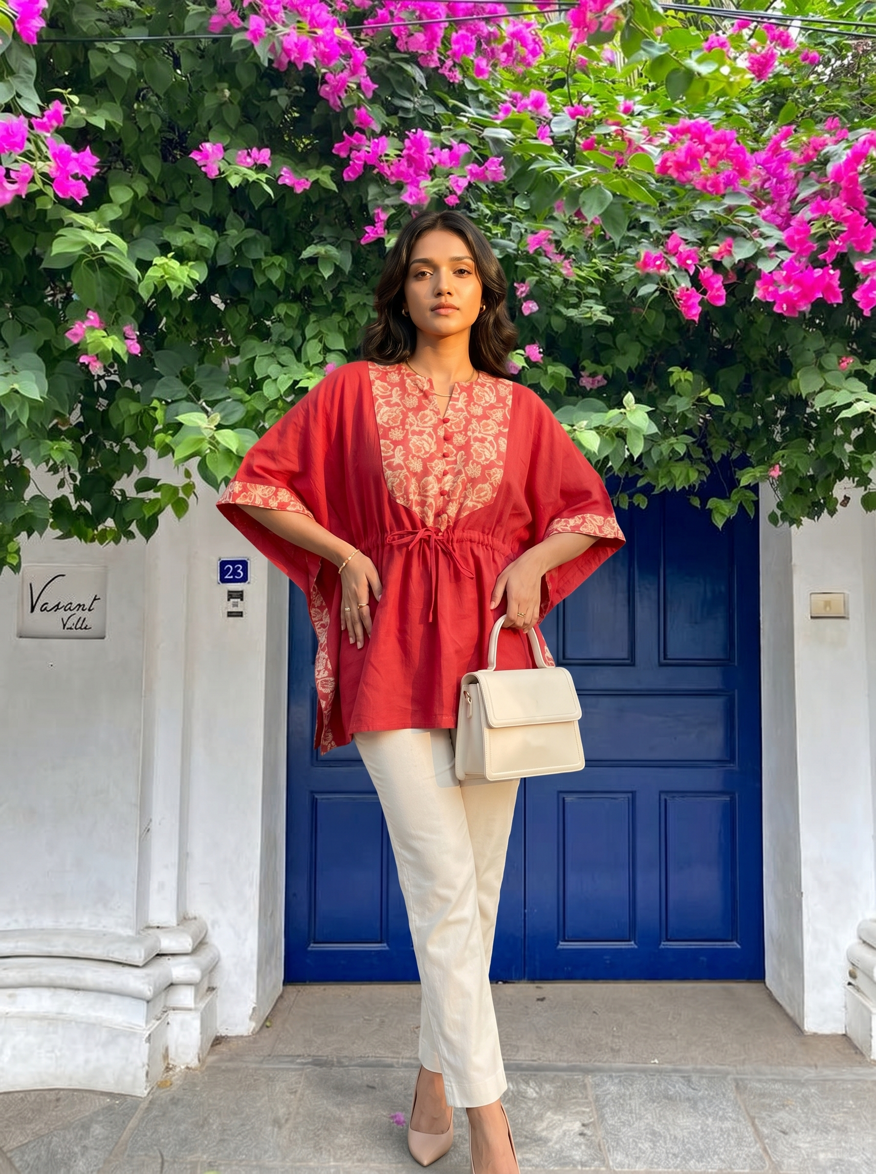 Kaftan Top #66- small floral motif printed organic cotton kaftan top in Brick Red