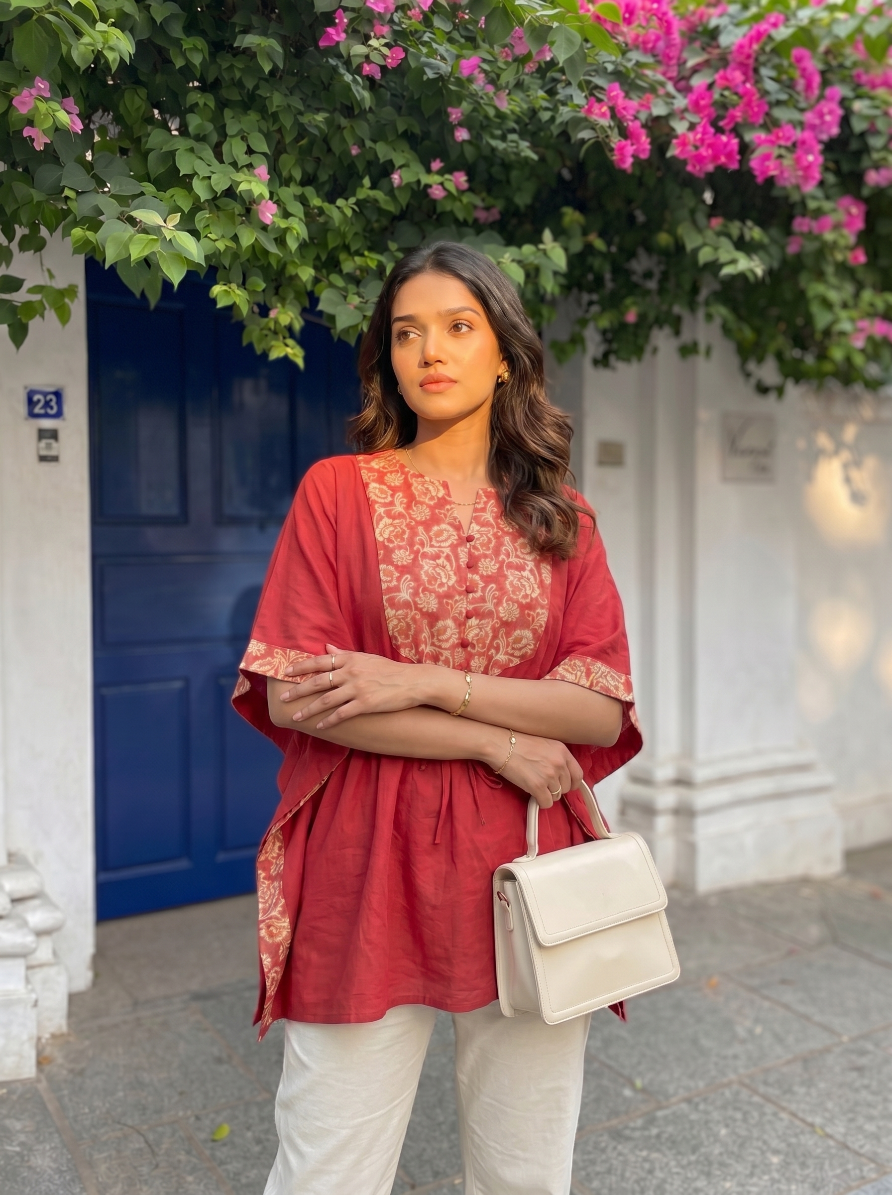 Kaftan Top #66- small floral motif printed organic cotton kaftan top in Brick Red