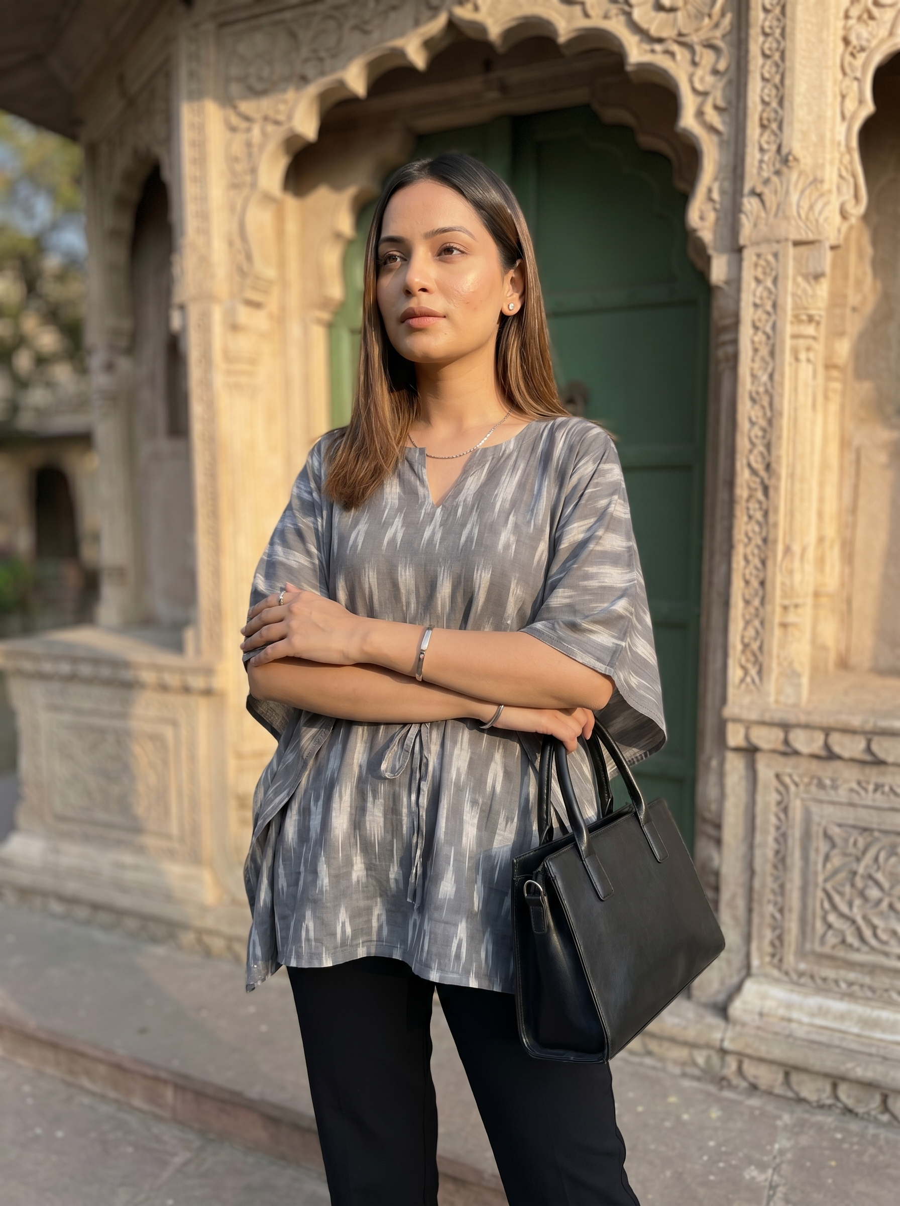 Kaftan Top #67- Ikkat printed organic cotton kaftan top in Grey