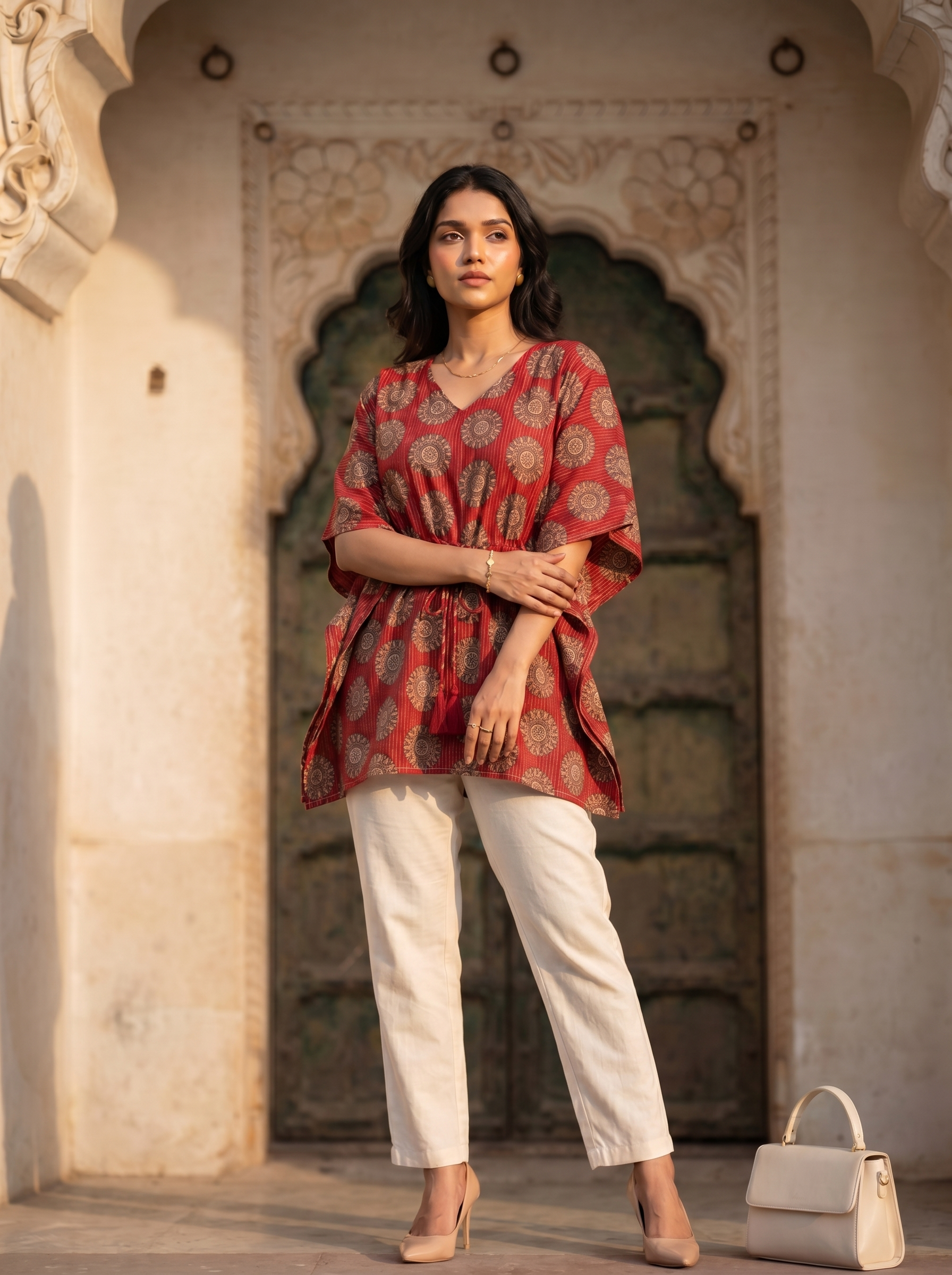 Kaftan Top #68-  Floral printed organic cotton kaftan top in Burnt red