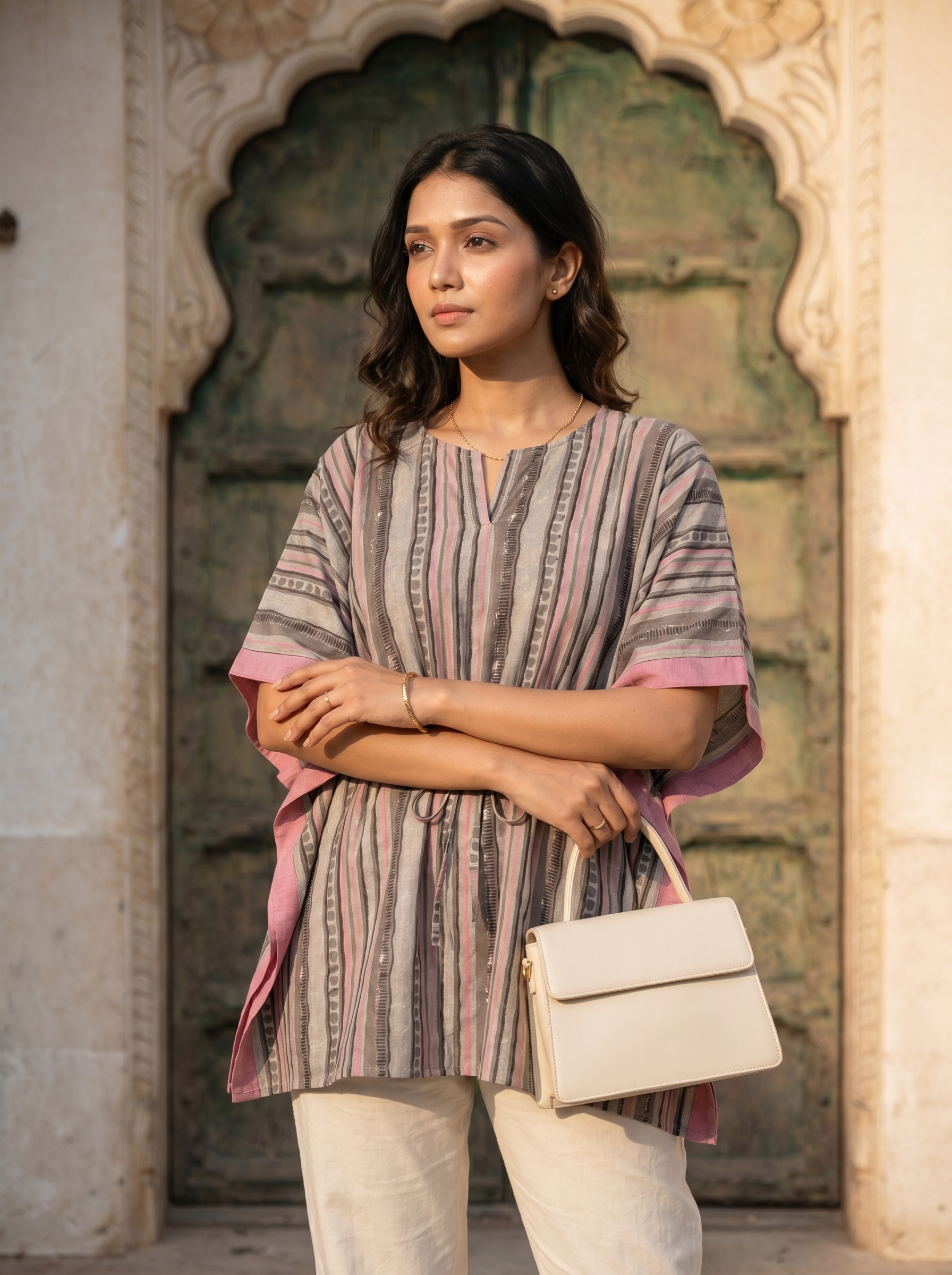 Kaftan Top #69- Striped pattern organic cotton kaftan top in Grey and Pink