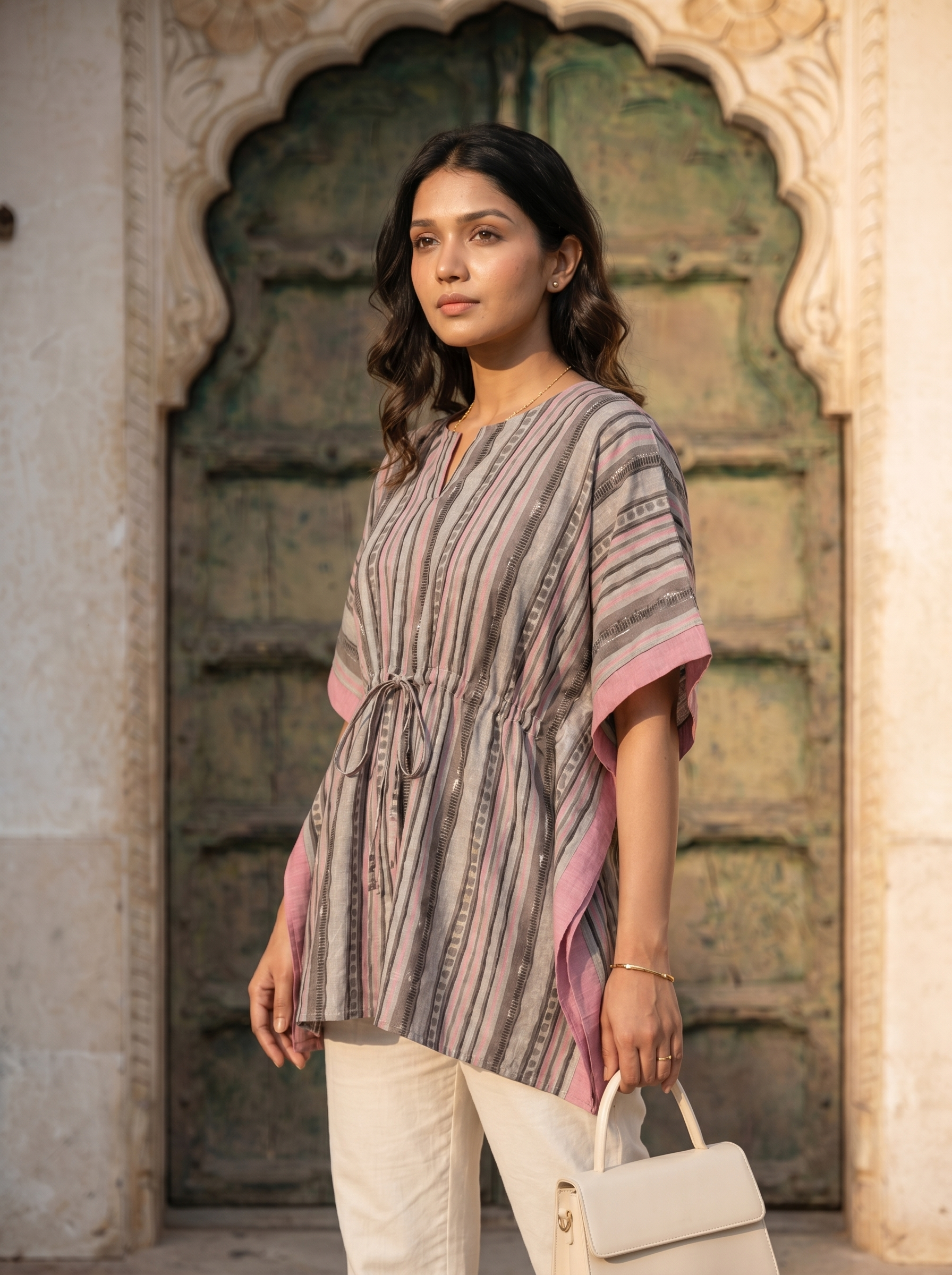 Kaftan Top #69- Striped pattern organic cotton kaftan top in Grey and Pink