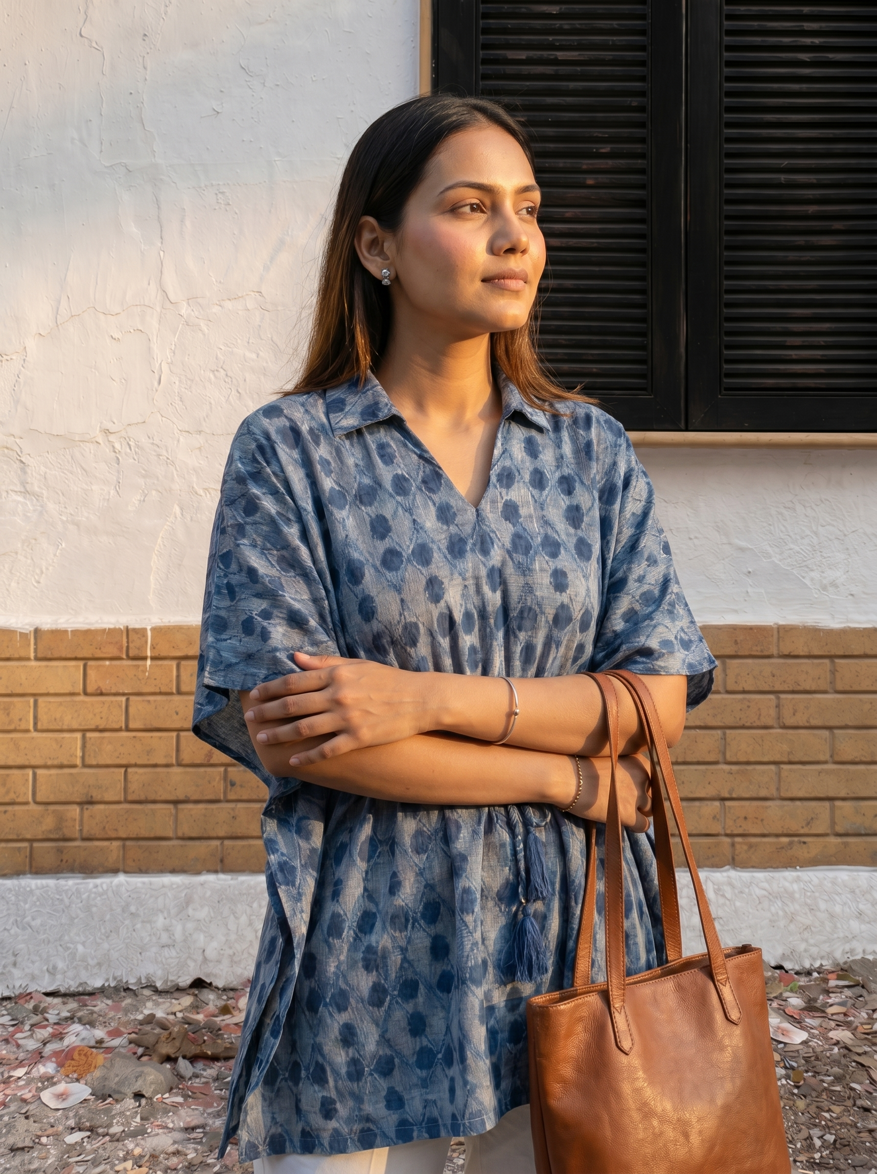 Kaftan Top #74- Circular motiff Organic cotton kaftan top in Indigo Blue