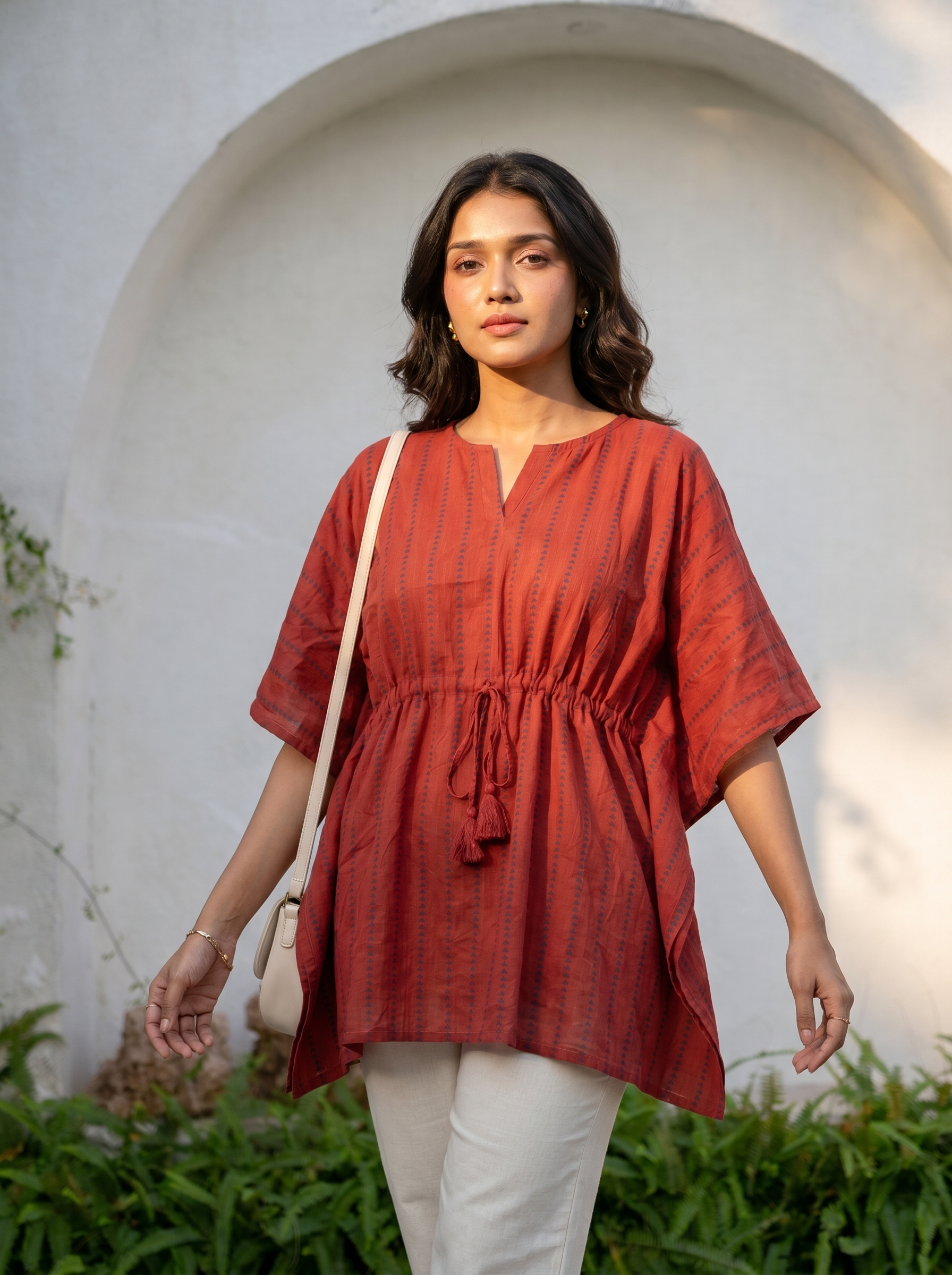Kaftan Top #76- Striped pattern Organic cotton kaftan top in Rust Orange