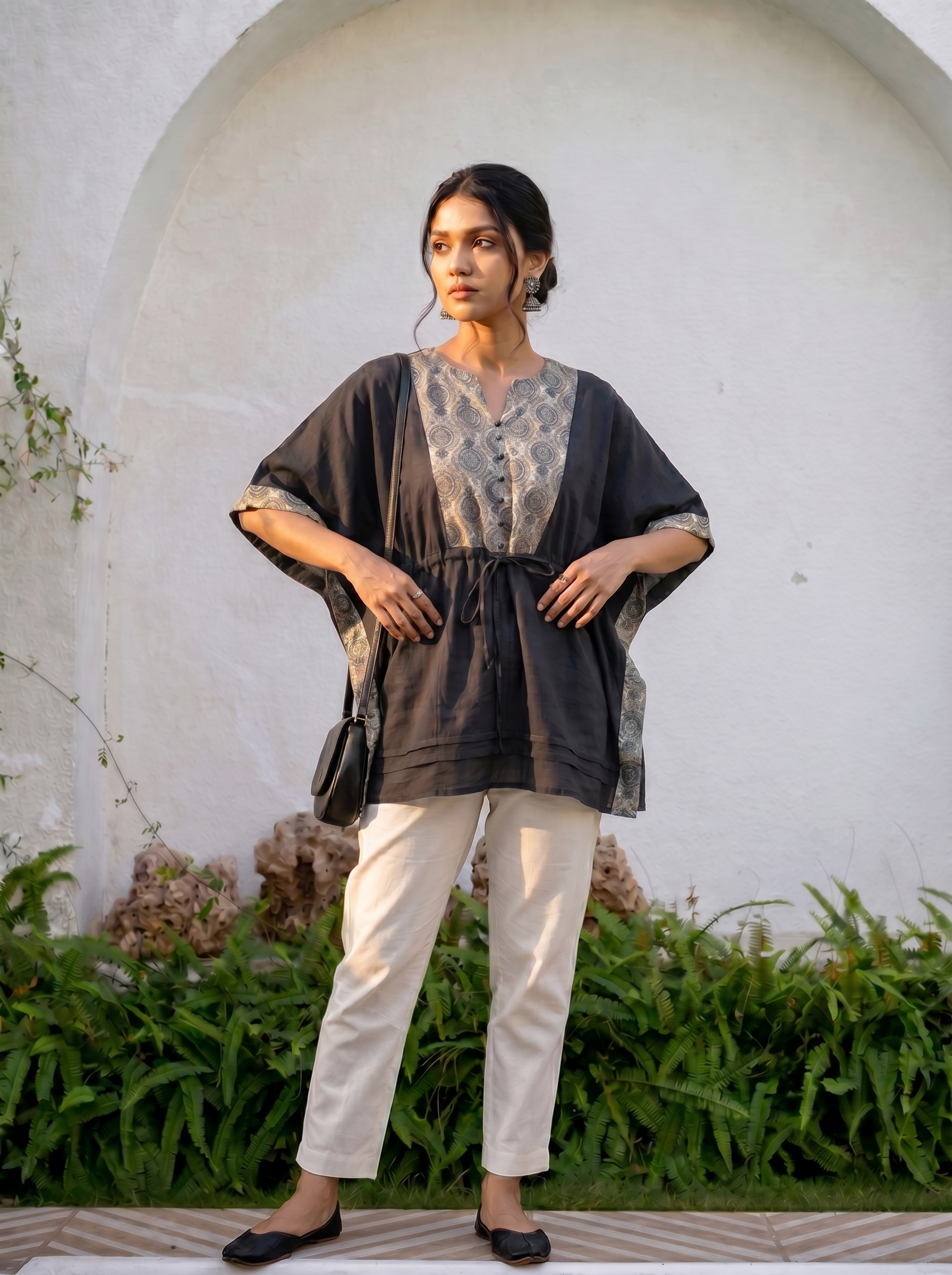 Kaftan Top #80- Small motiff printed Organic cotton kaftan top in Black
