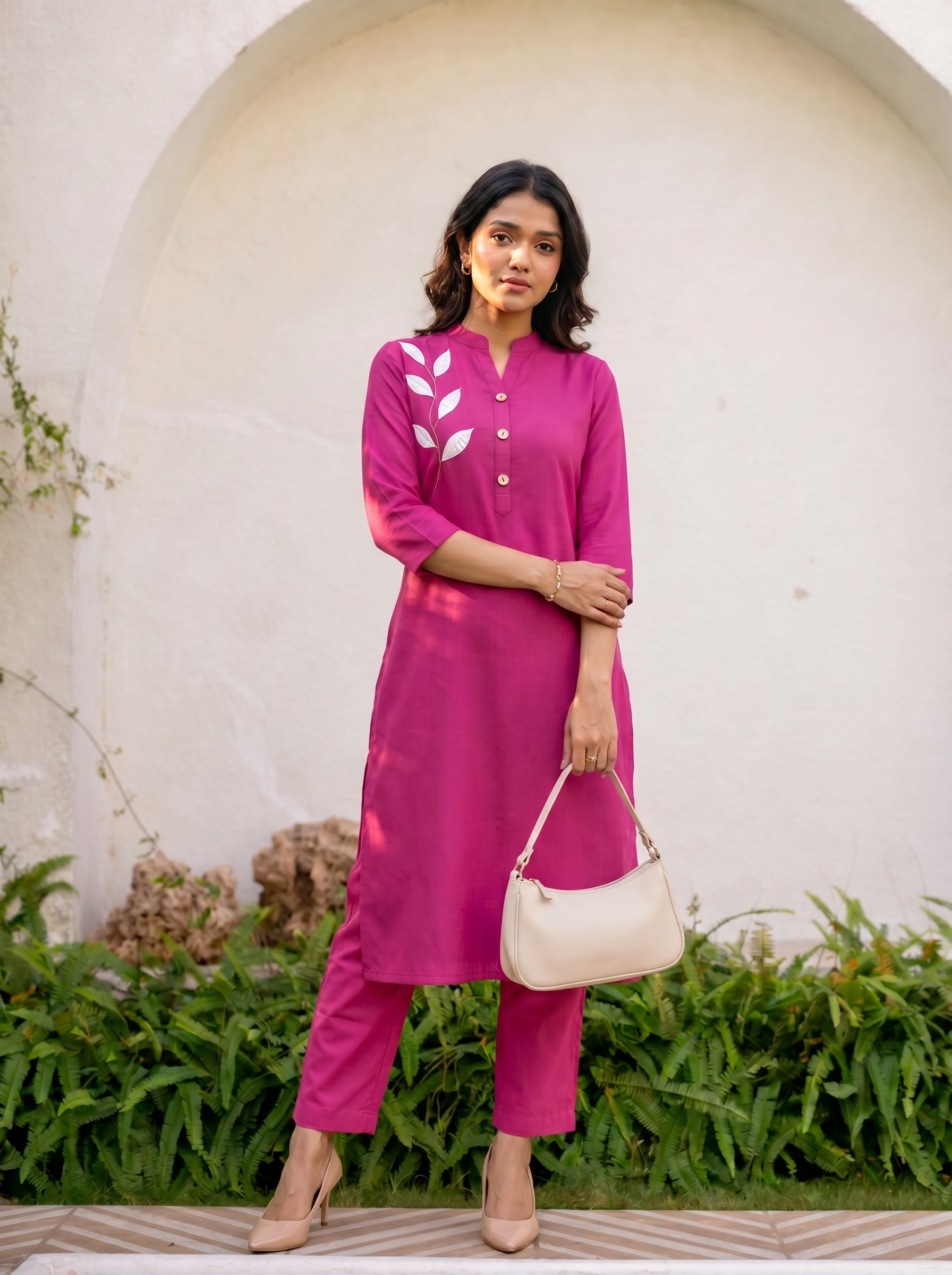 Savanna (hot pink)- Cotton flex co-ord set with appliqu茅 work in hot pink