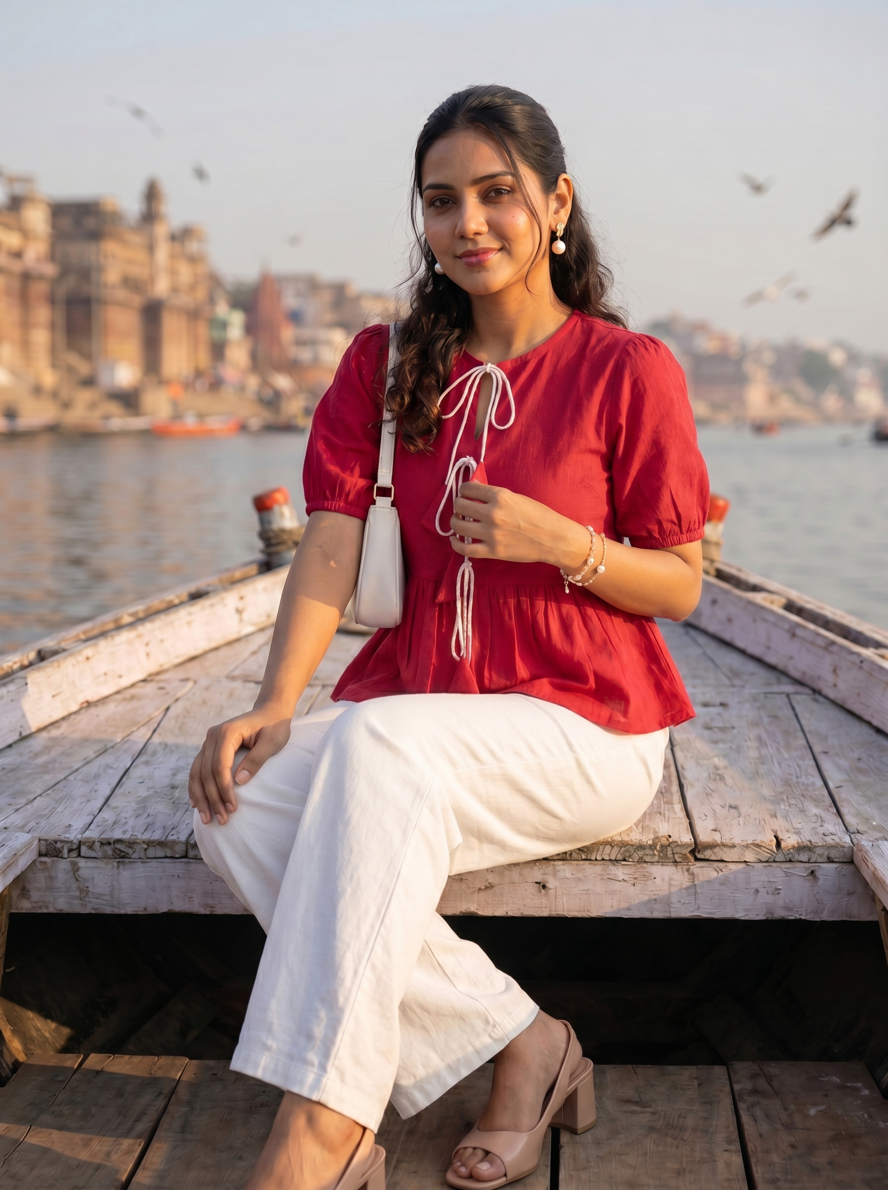 Crop top #117-  Handloom organic cotton top  with puff sleeves in Bright Red