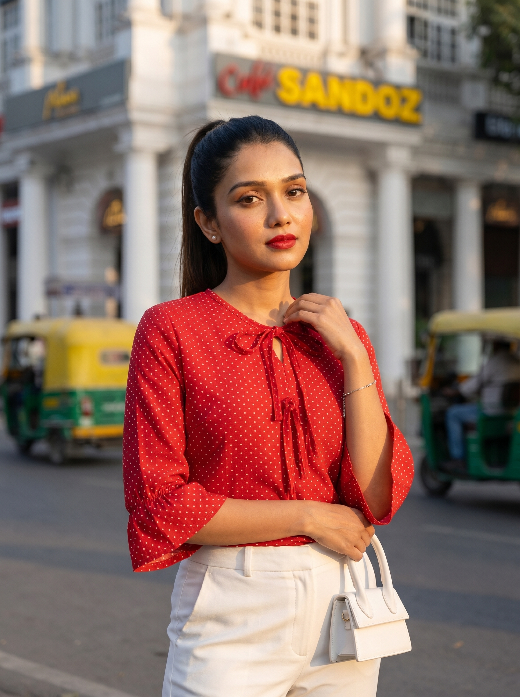 Crop top #116-  Dotted pattern organic cotton top in Bright Red