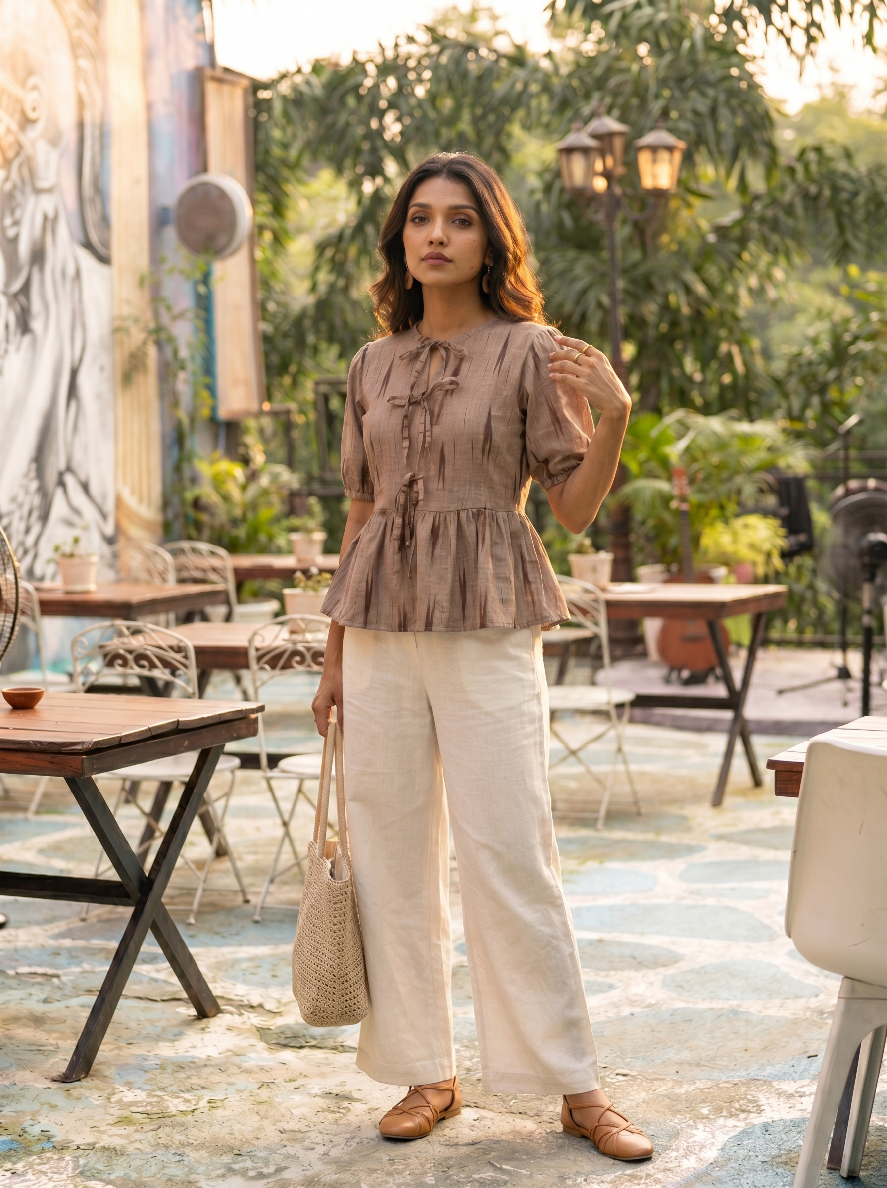 Crop top #114-  Ikkat  printed organic cotton top in Bronze
