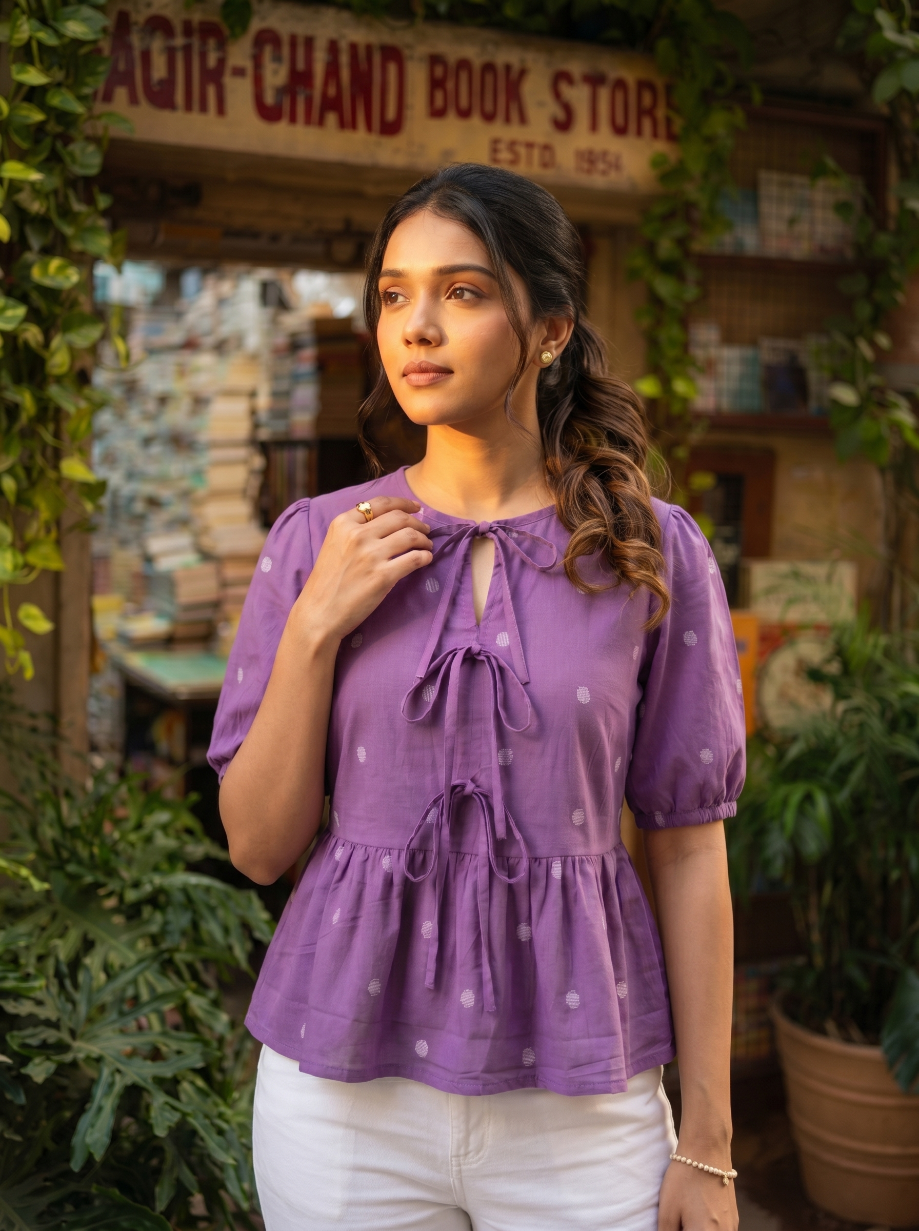 Crop top #113-  Small motiff printed organic cotton top in Purple