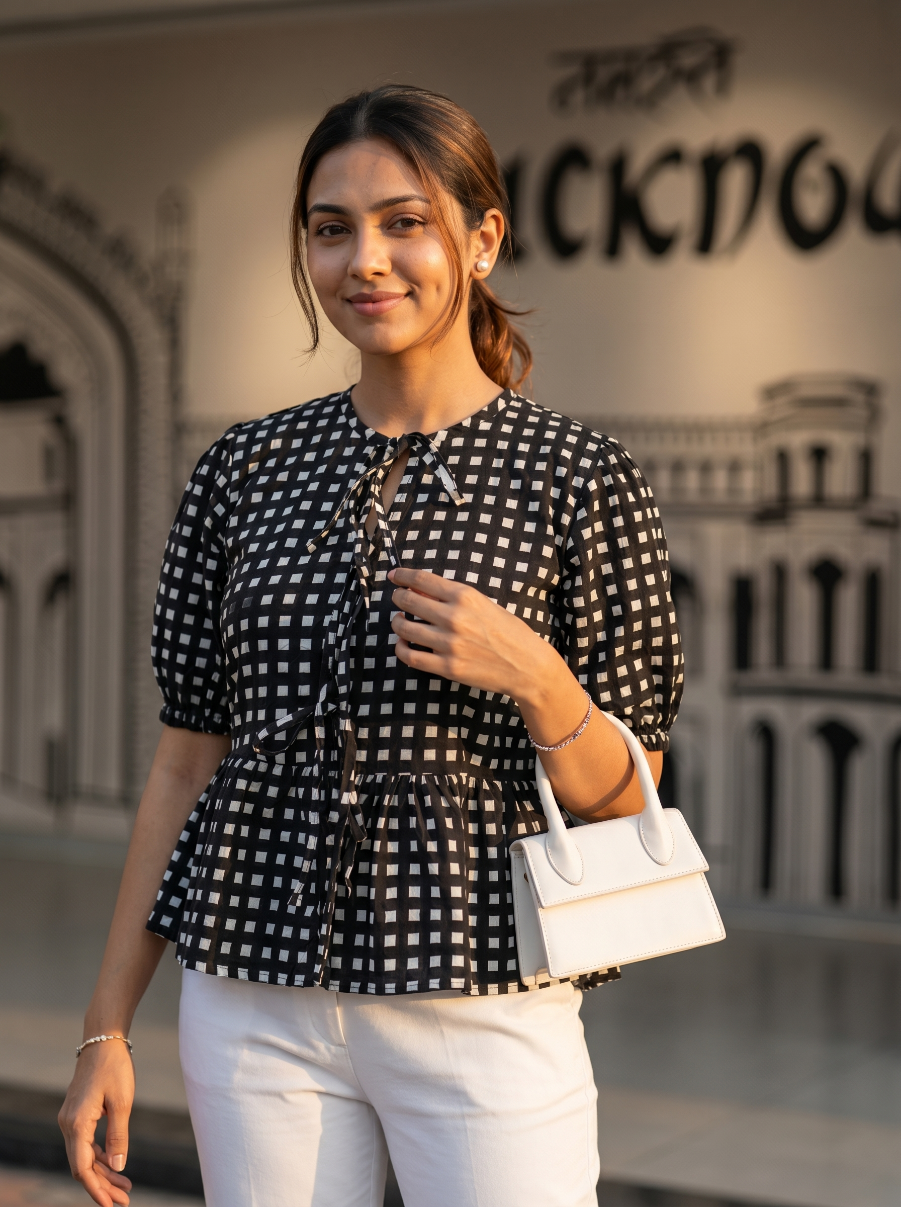 Crop top #110- Checked Handloom cotton top with puff sleeves in Black
