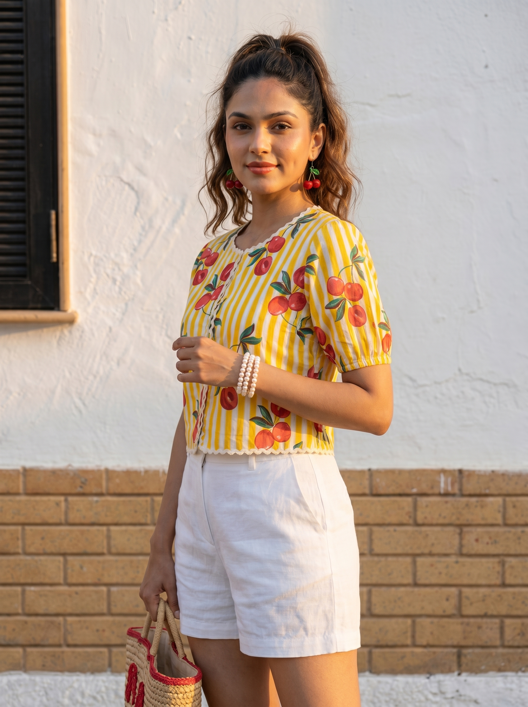 Crop top #108- Citrus zest printed organic cotton top in yellow and white