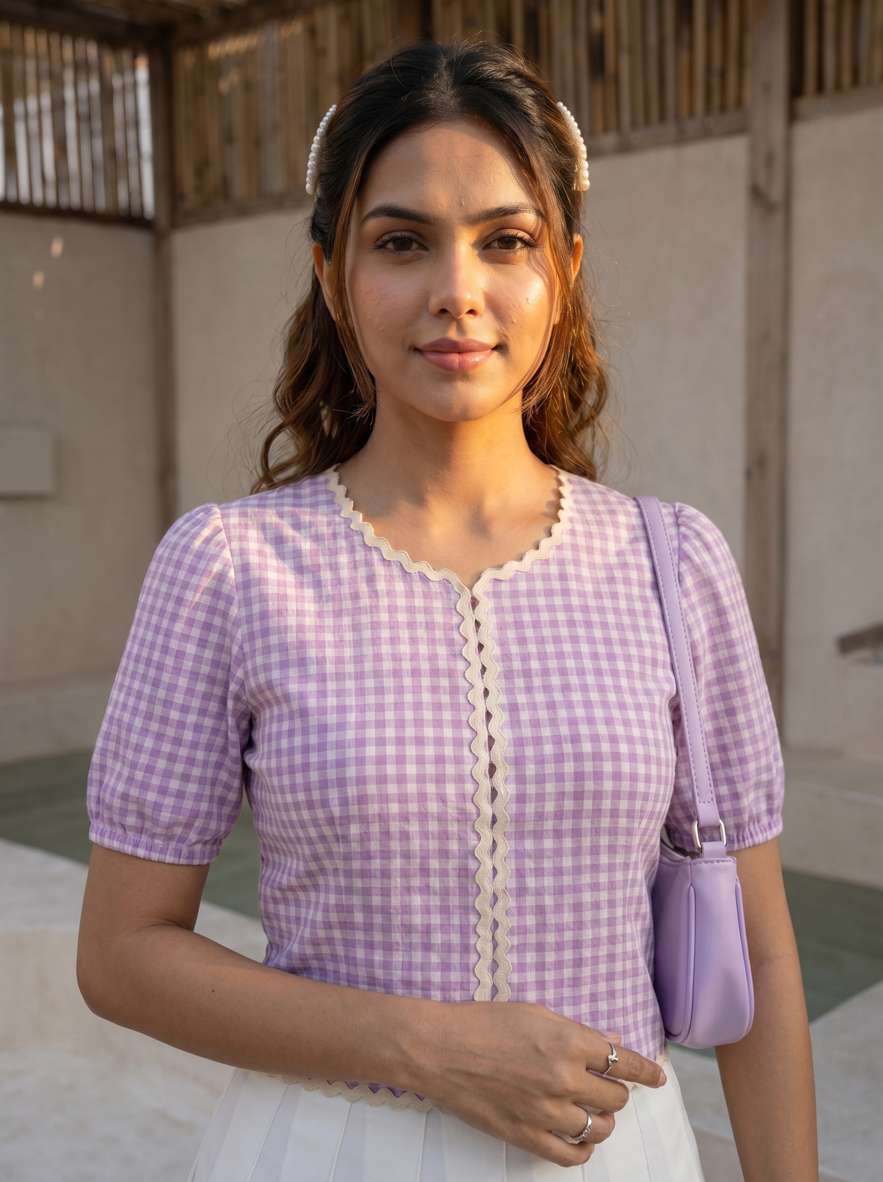 Crop top #107-  Checked handloom cotton top with puff sleeves in Lilac