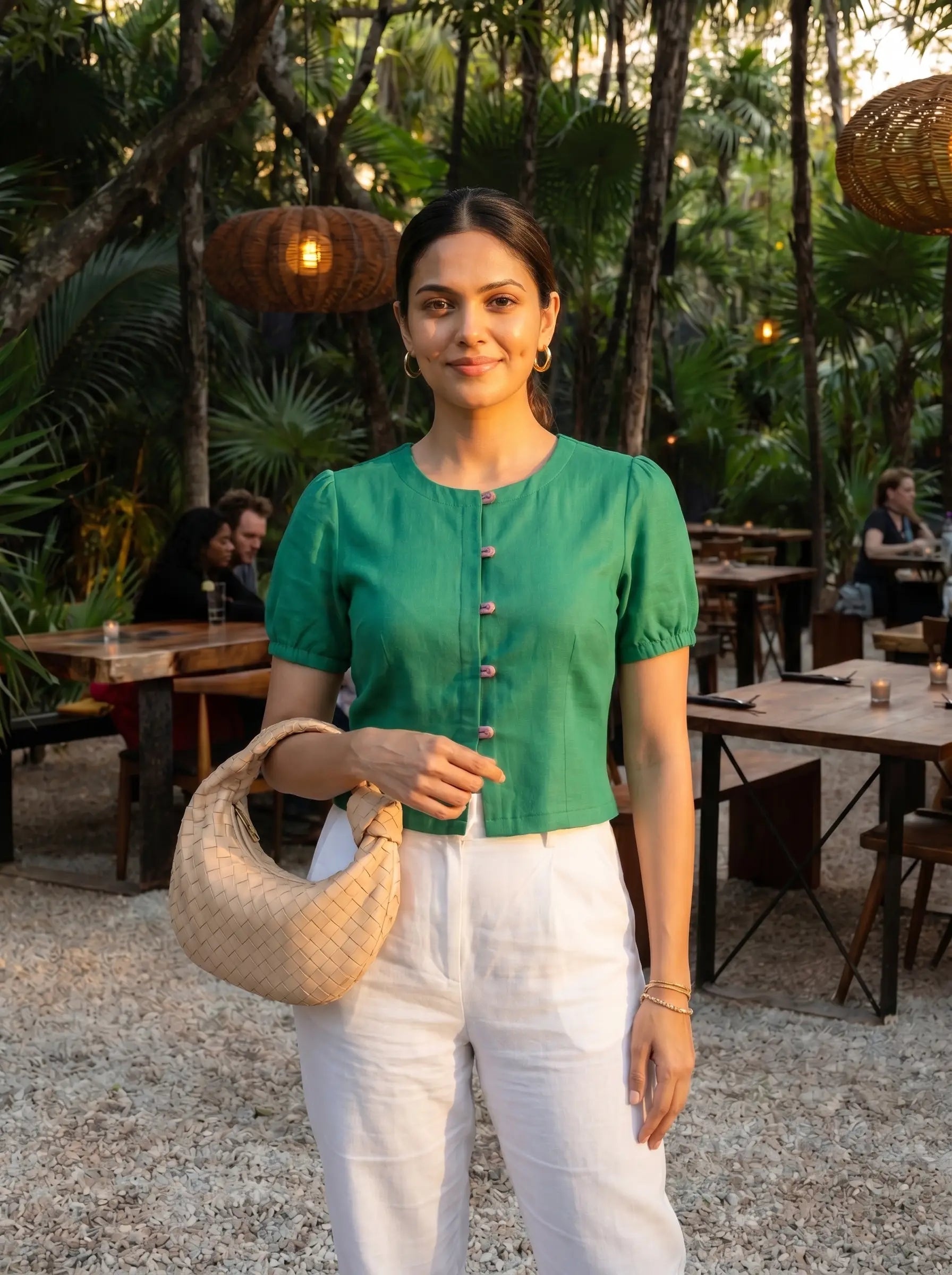Crop top #103- handloom cotton top with puff sleeves in Emerald Green