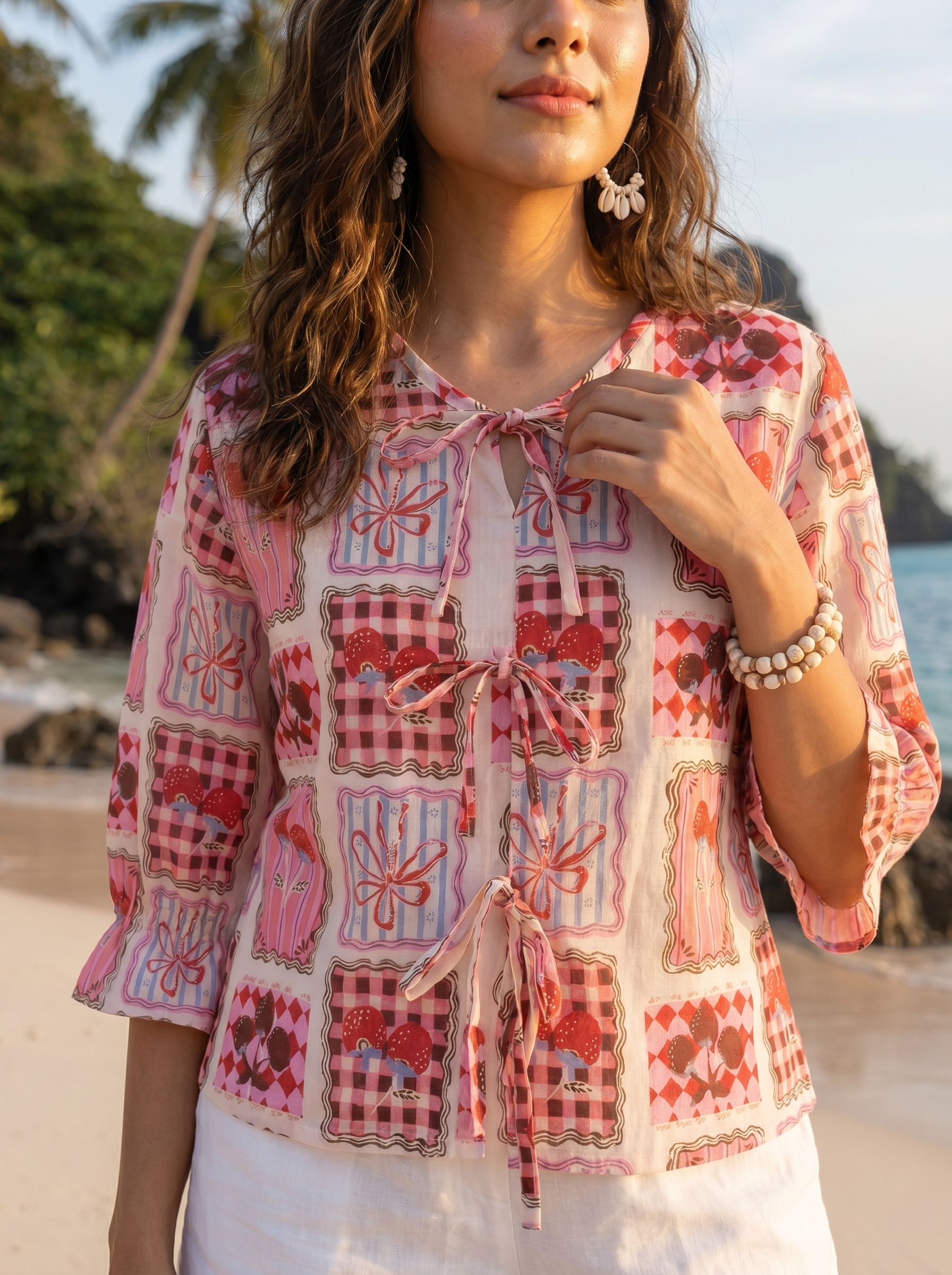 Crop top #111-  Floral printed Handloom cotton top with puff sleeves in Salmon Pink