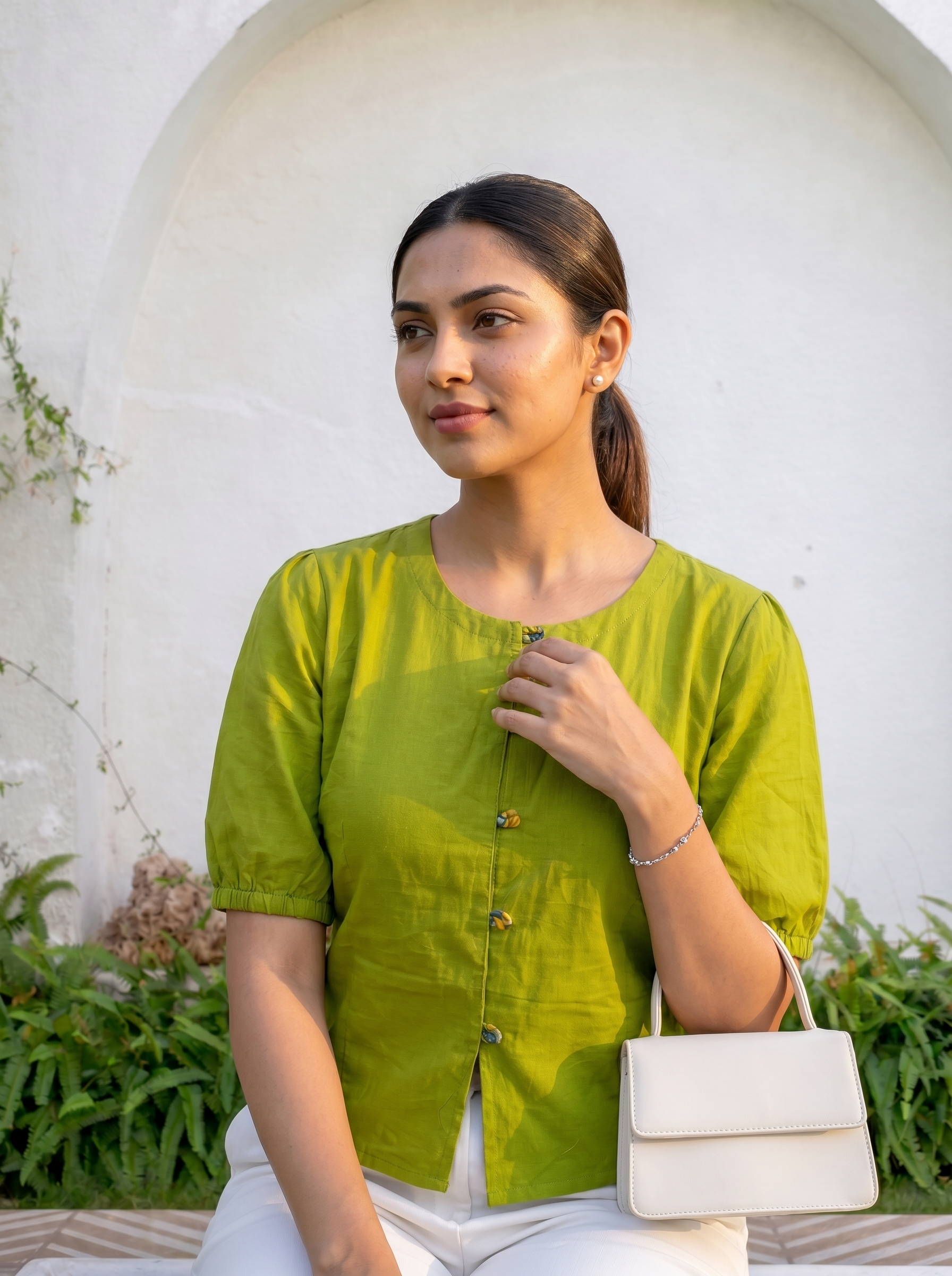 Crop top #109- Handloom organic cotton top with puff sleeves in Olive green