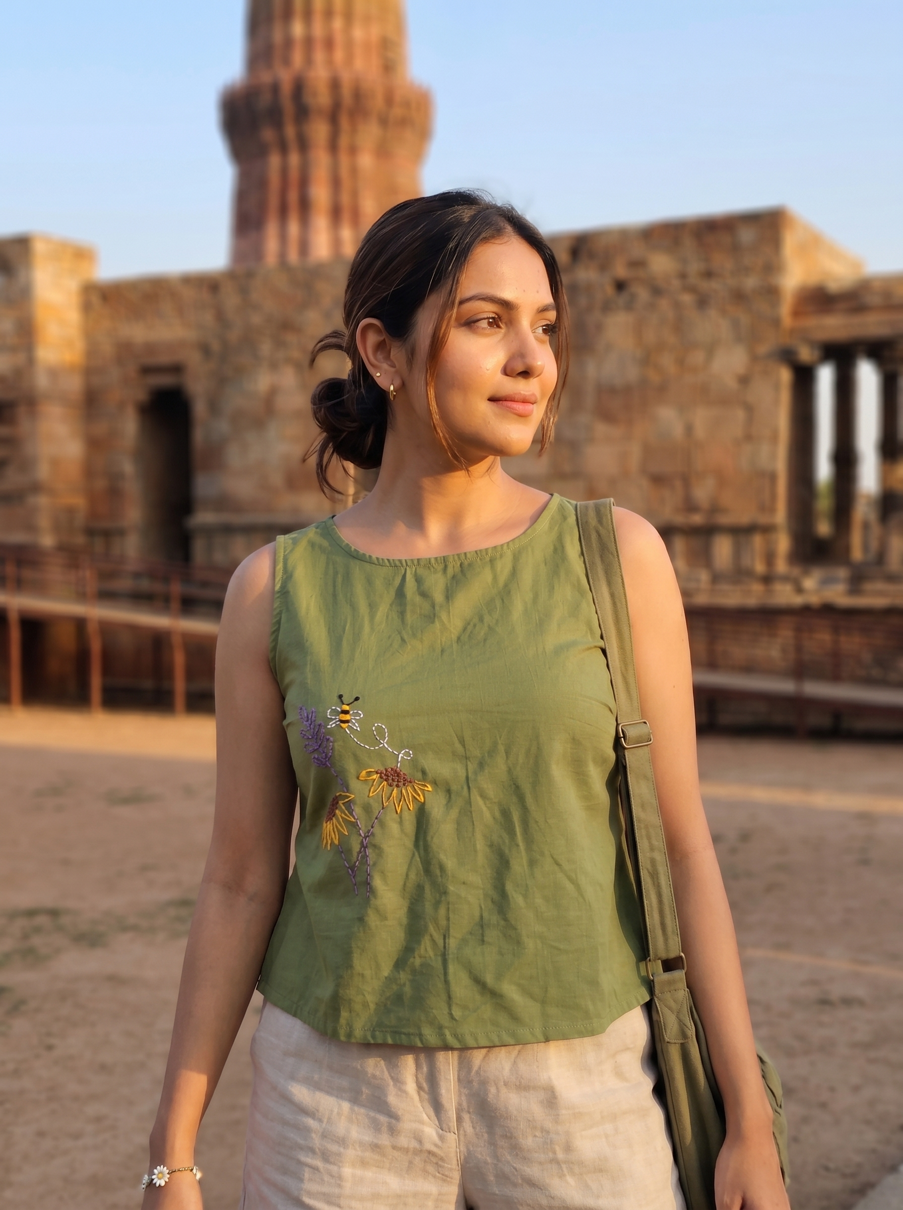 Crop top #122-  Handloom organic cotton top with floral embroidery in Olive Green