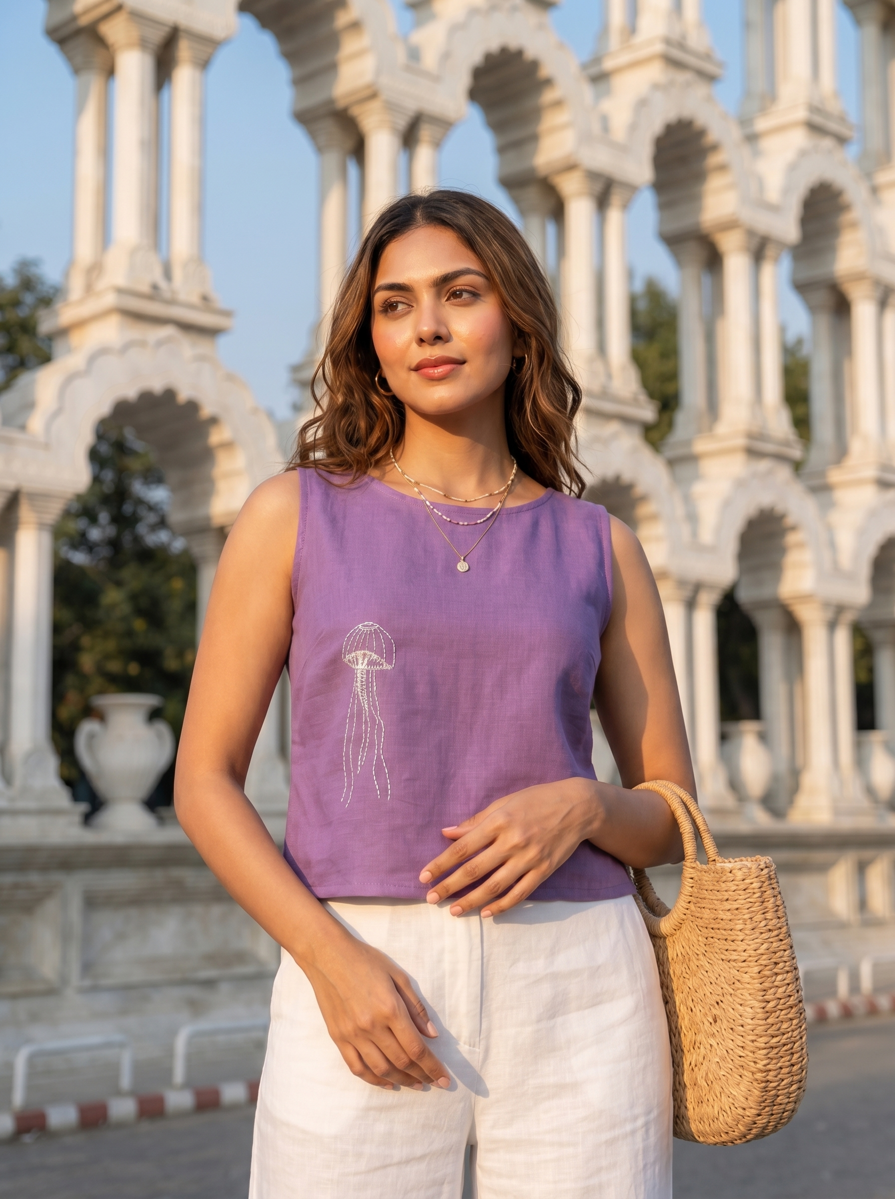 Crop top #123-  Handloom organic cotton top with jellyfish embroidery in Lavender