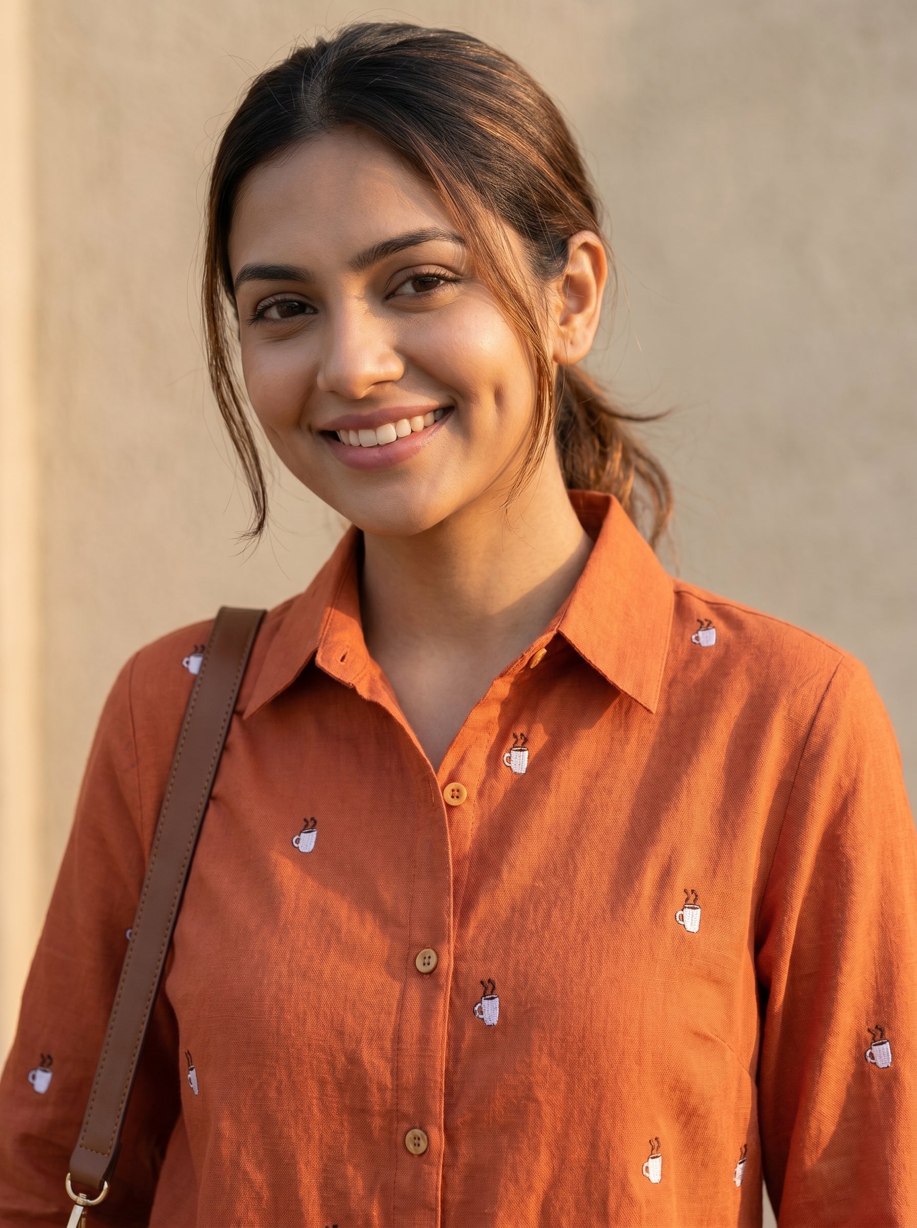Embroidery shirt 9- coffee embroidered organic cotton shirt in orange