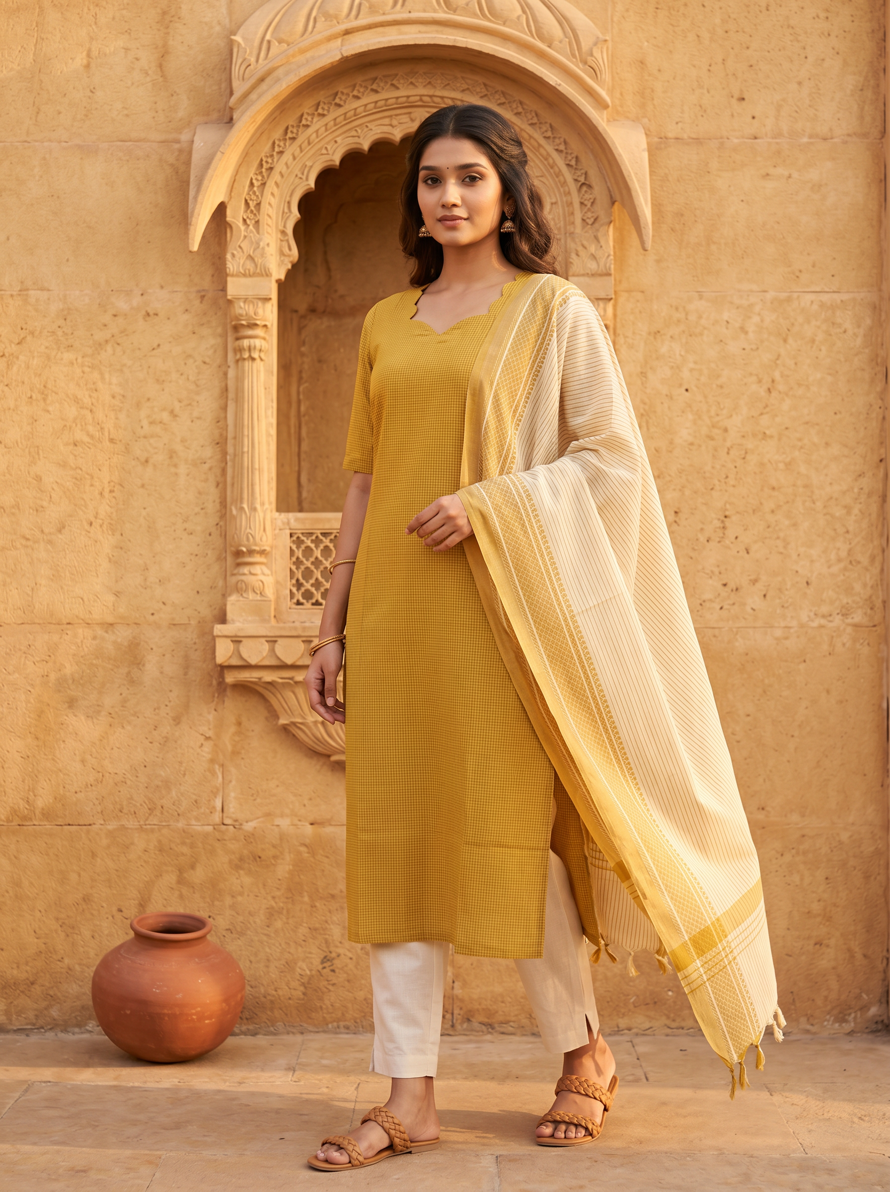 Ilaveni (Mustard Yellow) – Subtle Checks Handloom Cotton Kurta Set with Dupatta in Mustard Yellow