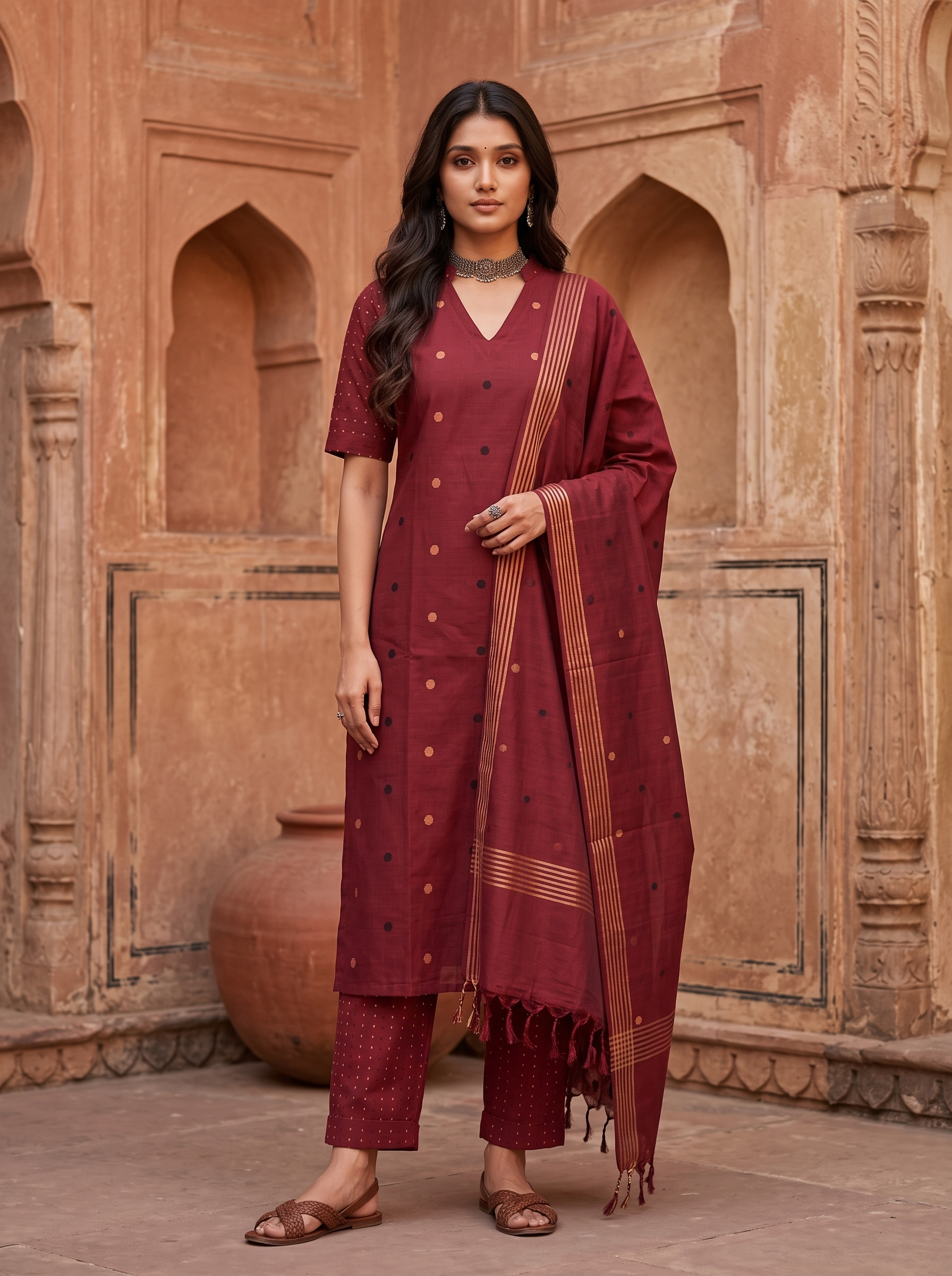 Tanvika (Red) – Polka Dot Woven Pure Handloom Cotton Suit Set in Red