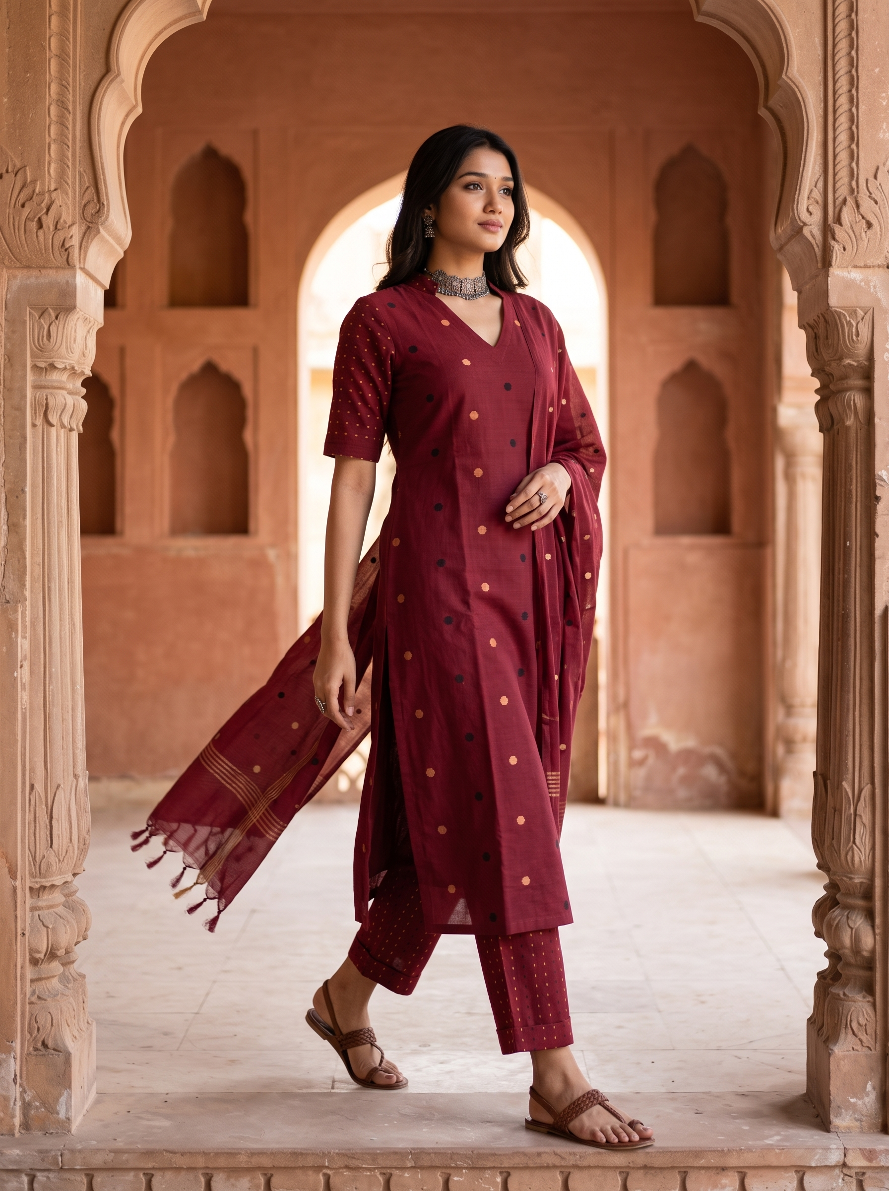 Tanvika (Red) – Polka Dot Woven Pure Handloom Cotton Suit Set in Red
