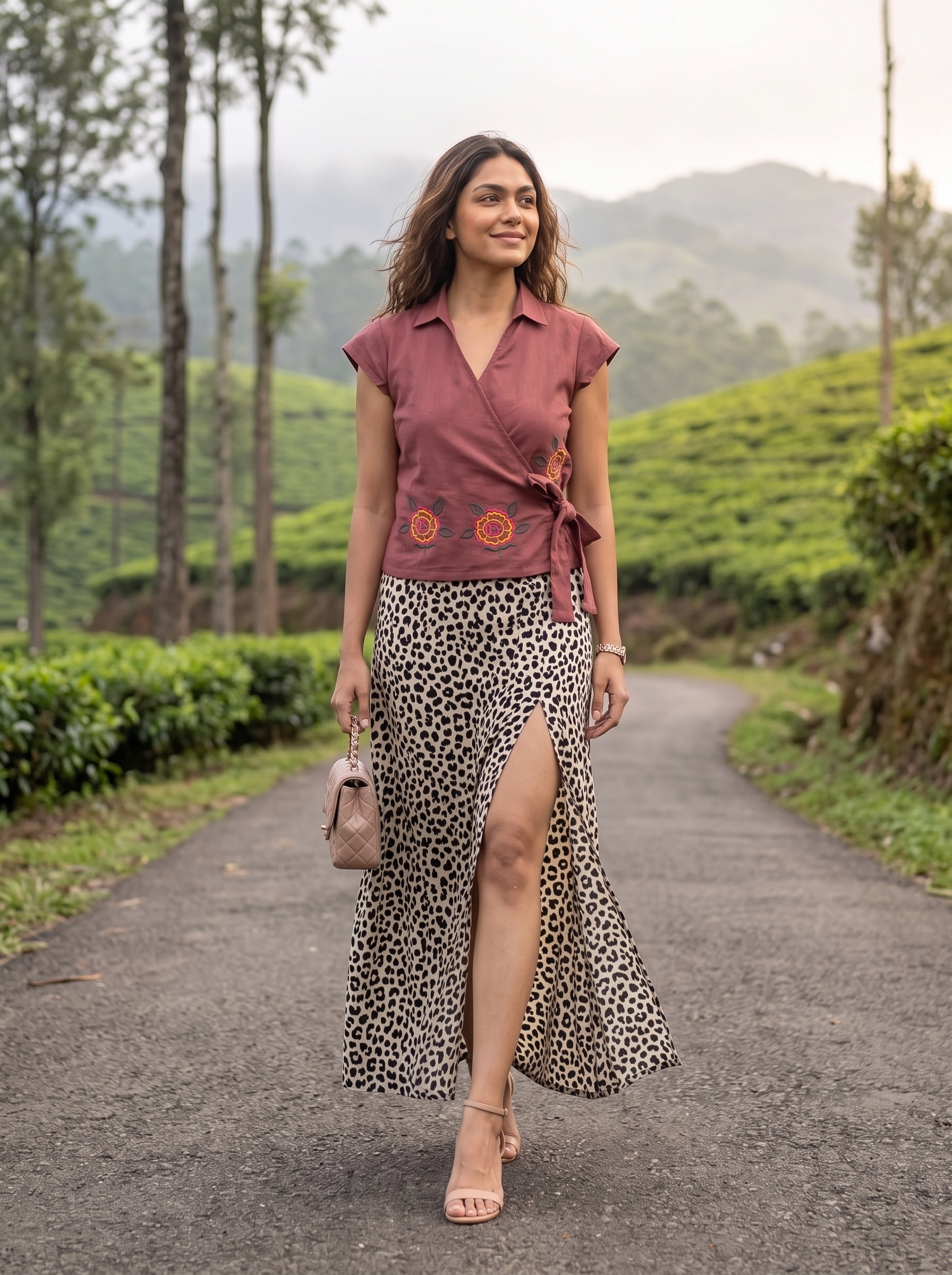 Crop Top #145 – Handloom Organic Cotton Top with Floral Embroidery in Dusty Rose