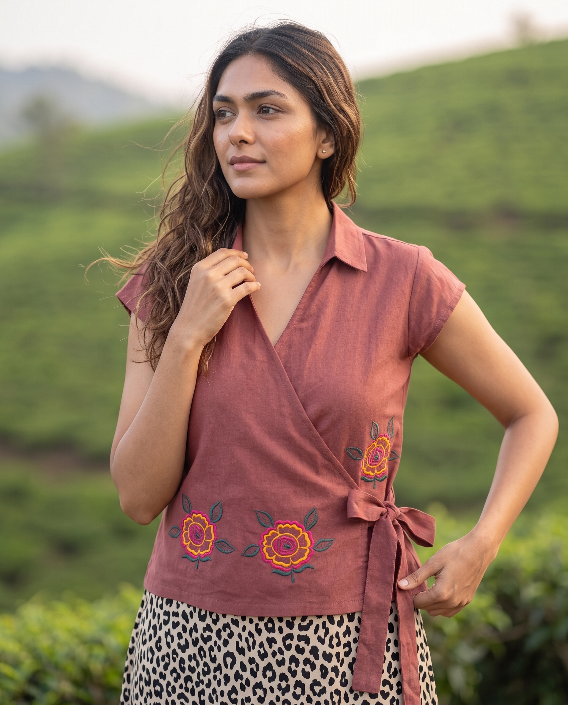 Crop Top #145 – Handloom Organic Cotton Top with Floral Embroidery in Dusty Rose