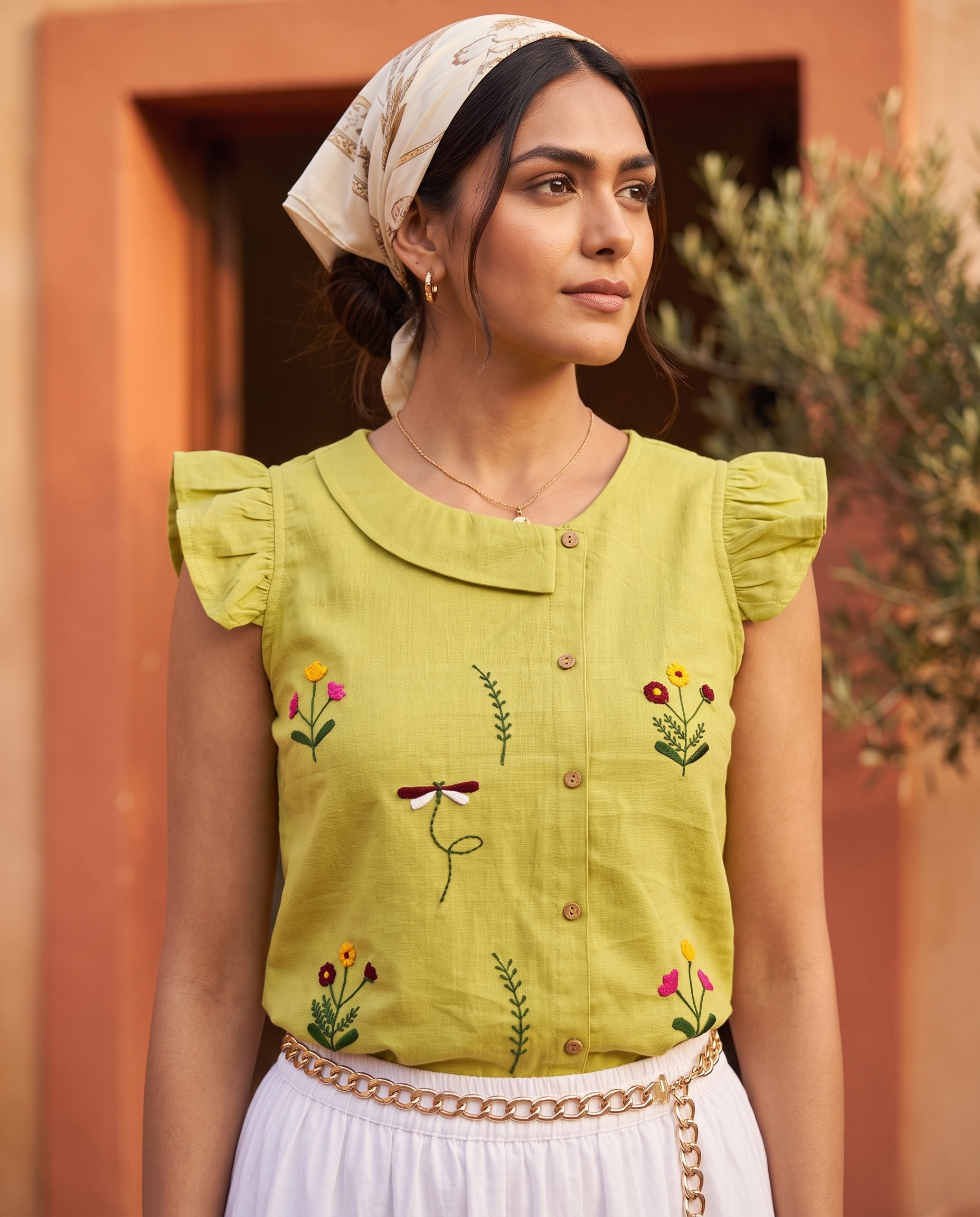 Crop Top #144 – Handloom Organic Cotton Top with Floral Embroidery in Lime Green