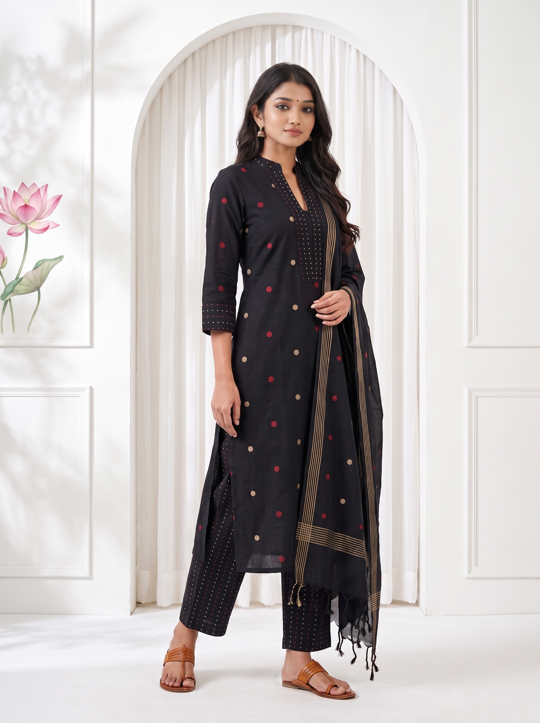 Tanvika (Black) – Polka Dot Woven Pure Handloom Cotton Suit Set in Black