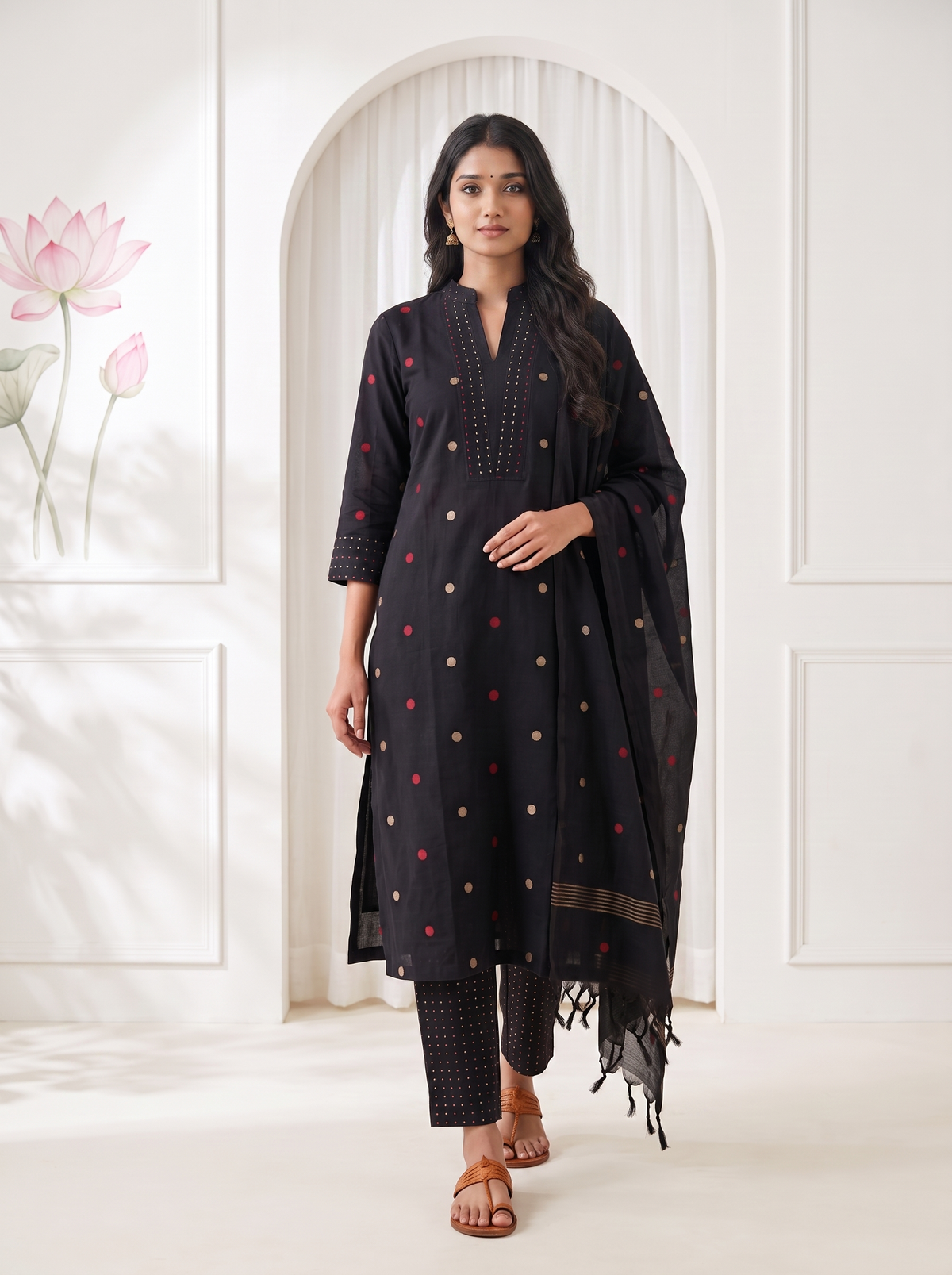 Tanvika (Black) – Polka Dot Woven Pure Handloom Cotton Suit Set in Black