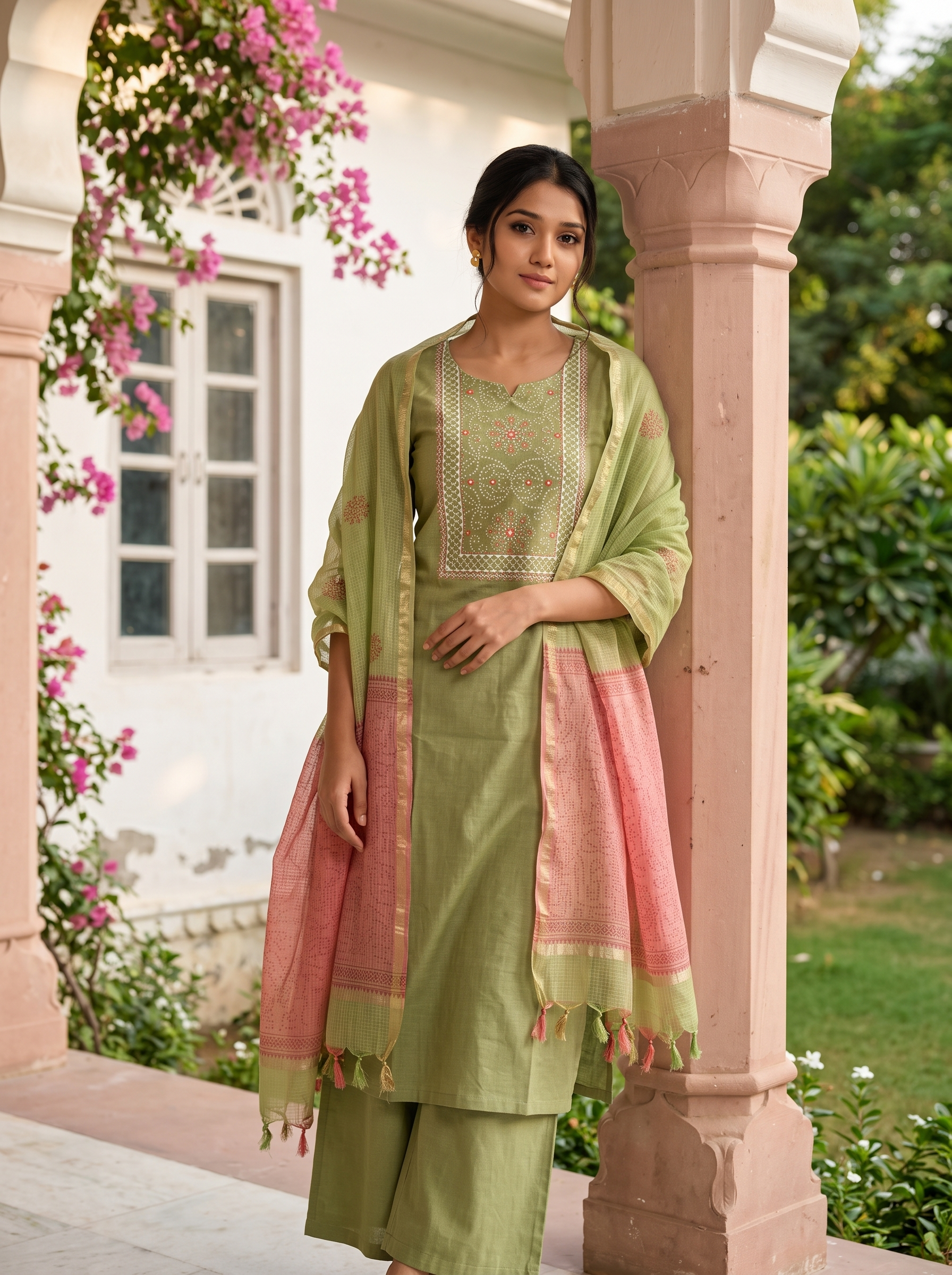 Pallavi (Apple Green) - Pure Handloom Linen Cotton Suit Set with Bandhej Work