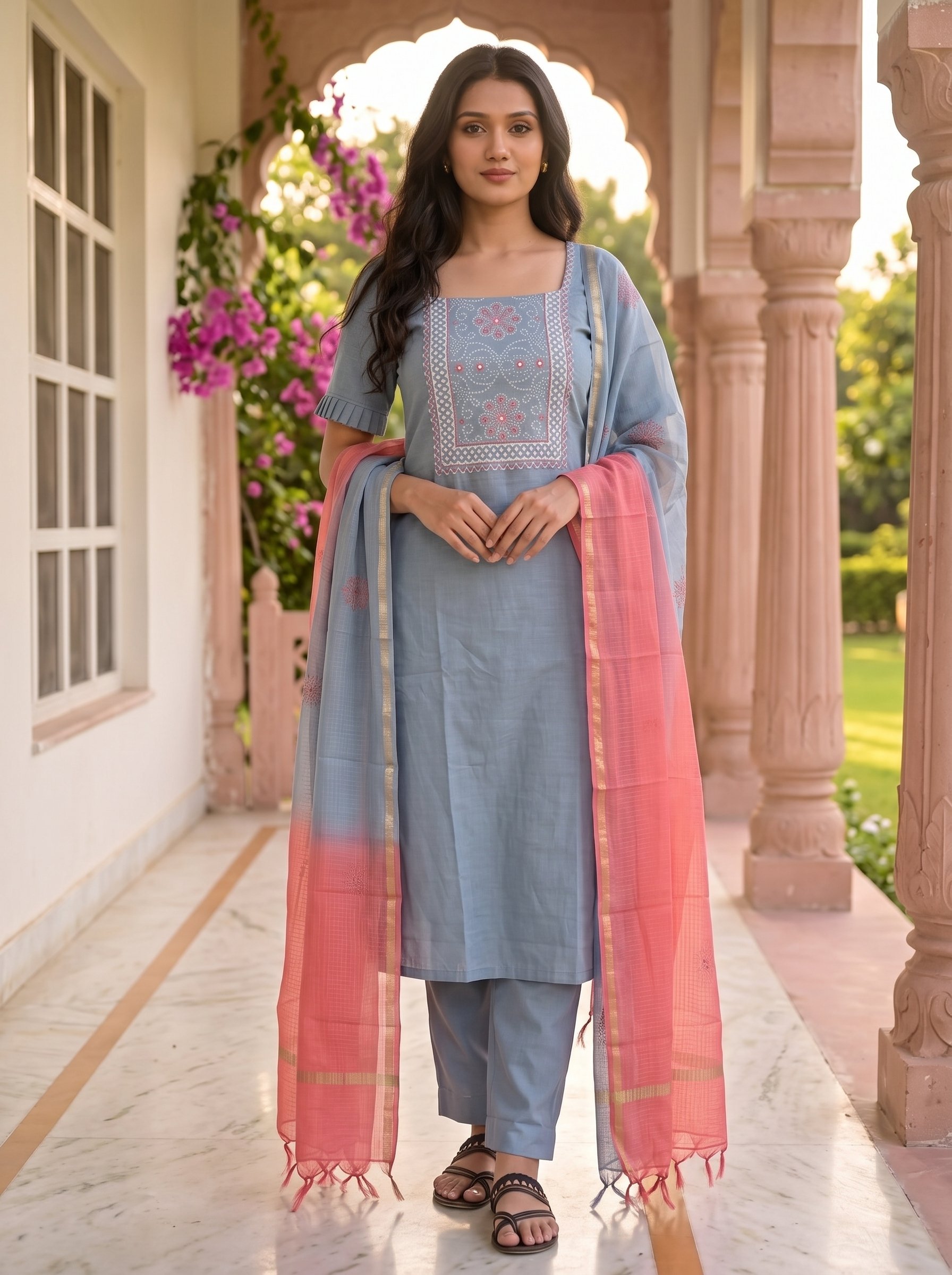 Pallavi (Ice Blue) - Pure Handloom Linen Cotton Suit Set with Bandhej Work