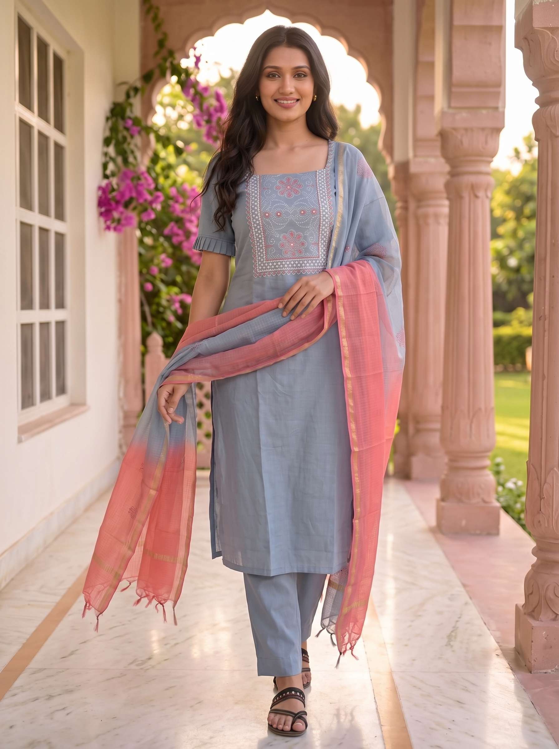 Pallavi (Ice Blue) - Pure Handloom Linen Cotton Suit Set with Bandhej Work