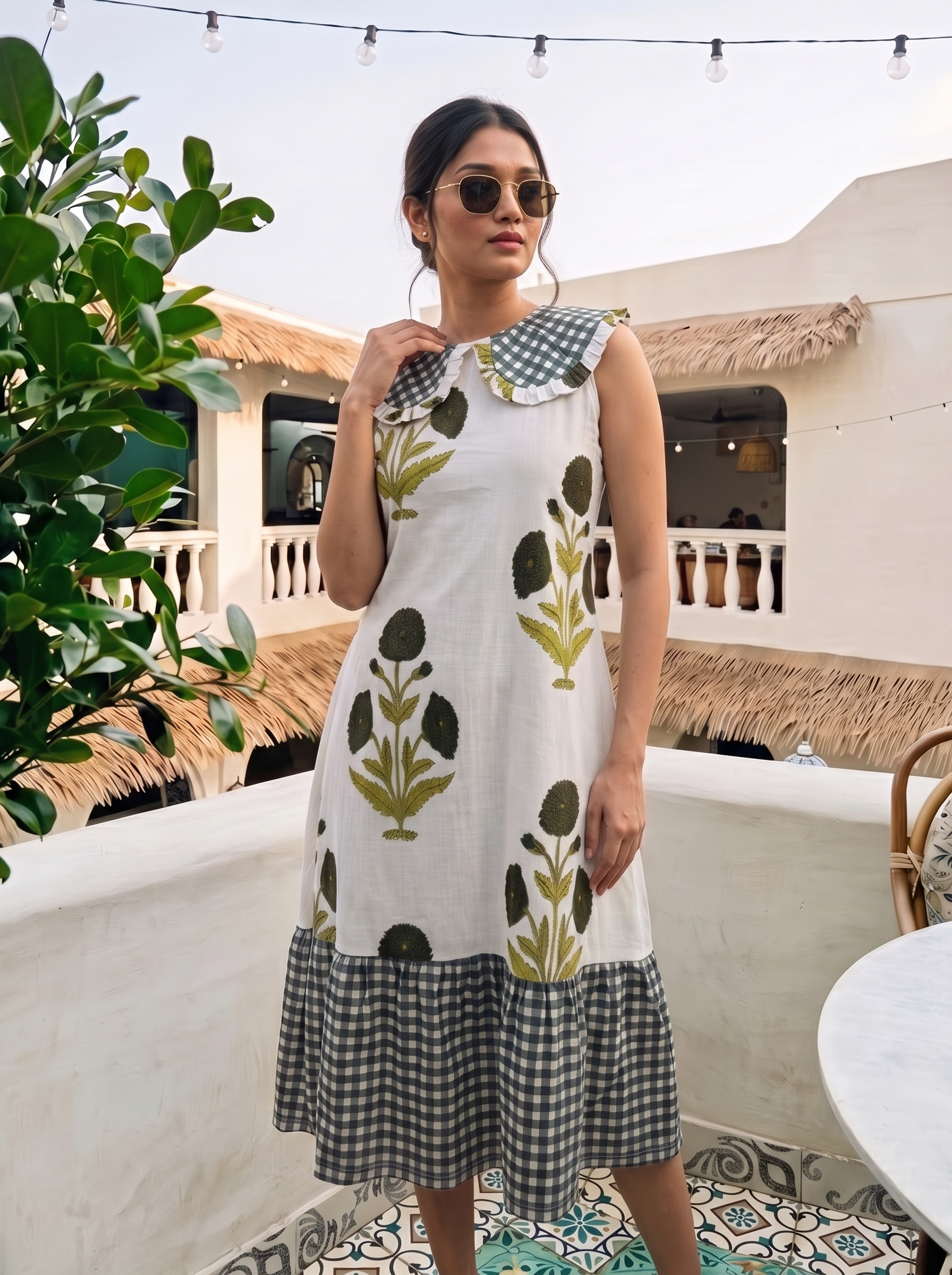 Gul & Gingham Dress – Floral Print Dress with Gingham Collar & Tiered Hem