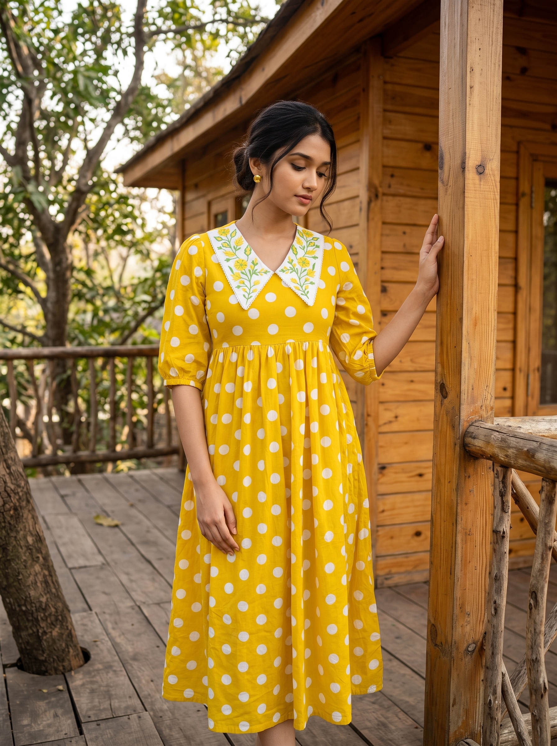 Marigold Polka Dress – Embroidered Collar Flare Midi Dress in Mustard Yellow