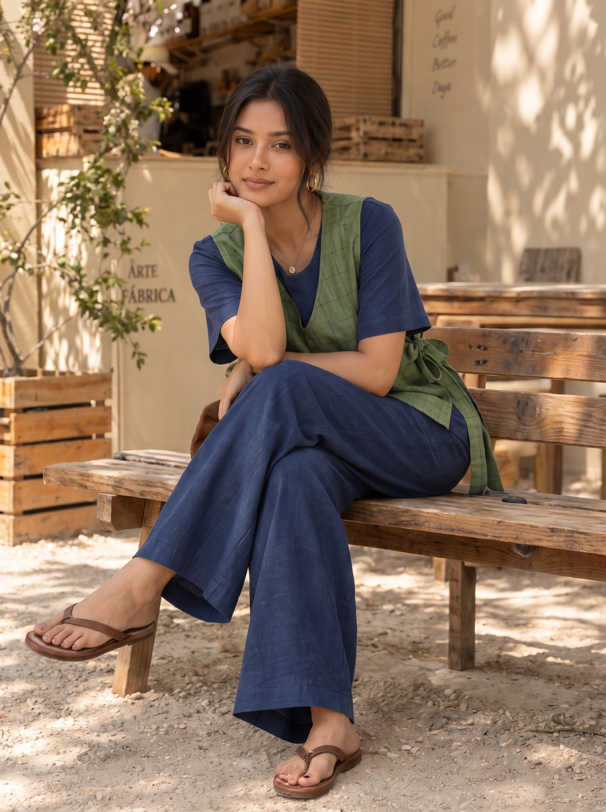 Neysa(Navy Blue) Co-ord Set – Checked Layered Handloom Cotton Set in Navy Blue & Olive Green