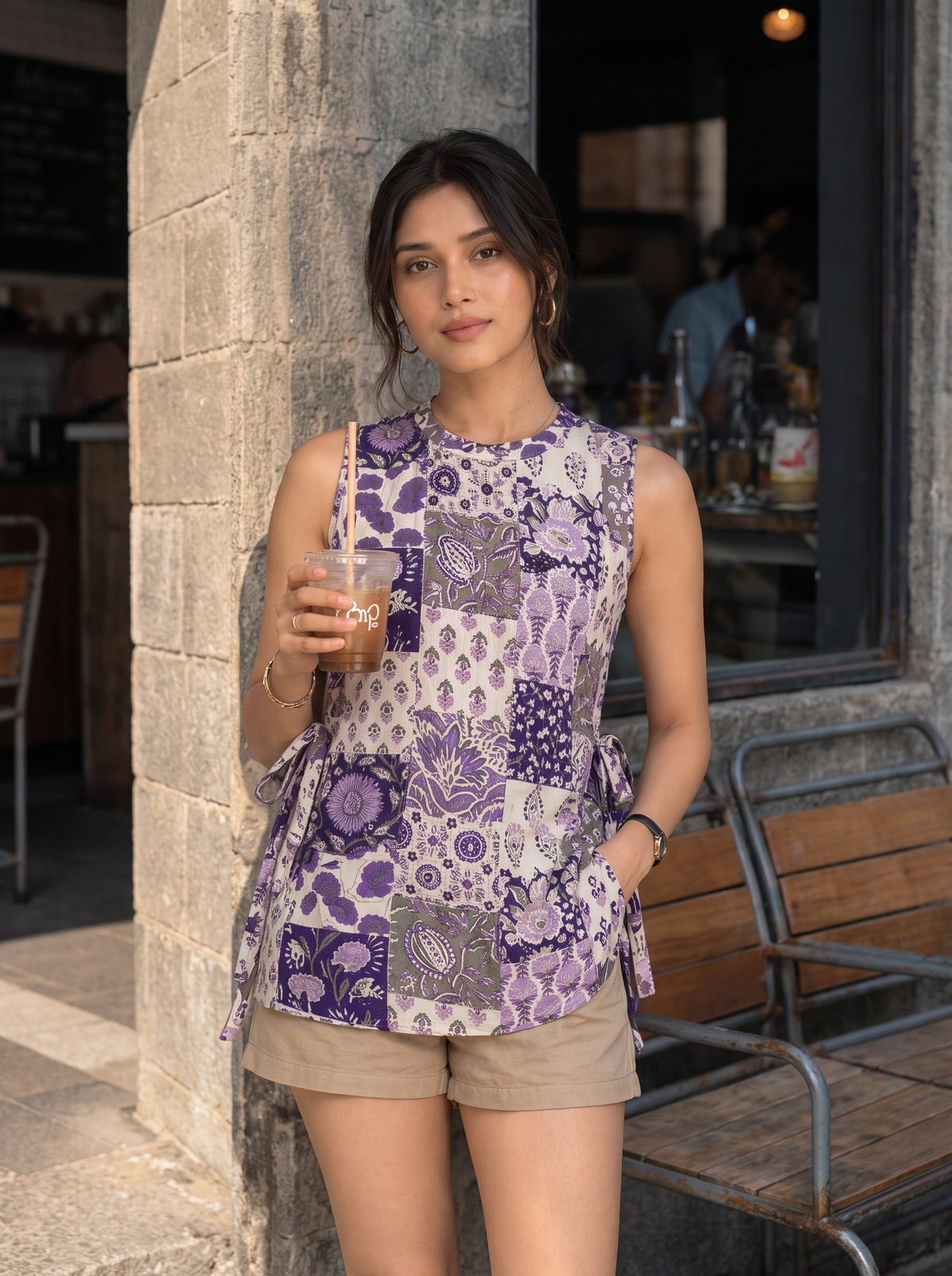 Short Kurti 62 – Organic Cotton Short Kurti in Cream & Purple