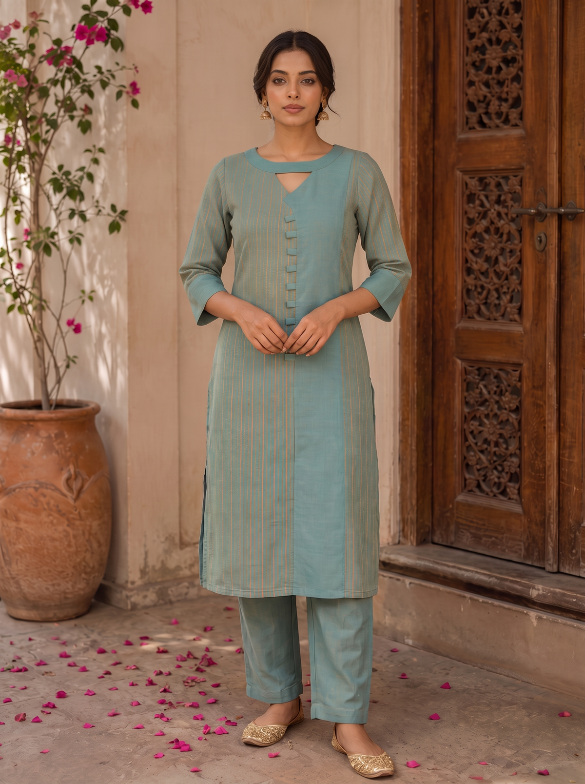 Iyal - Handloom Silk-Cotton Zari Striped Suit Set in Sea Green