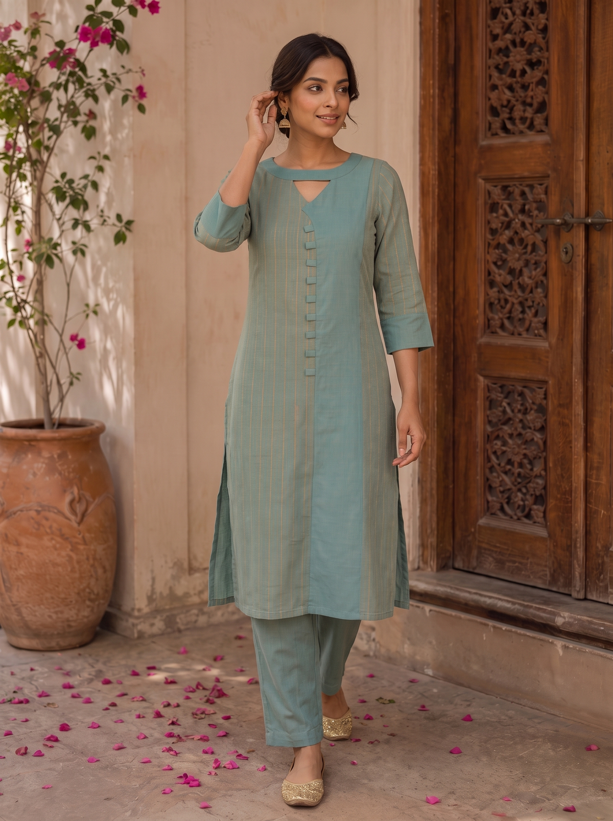 Iyal - Handloom Silk-Cotton Zari Striped Suit Set in Sea Green