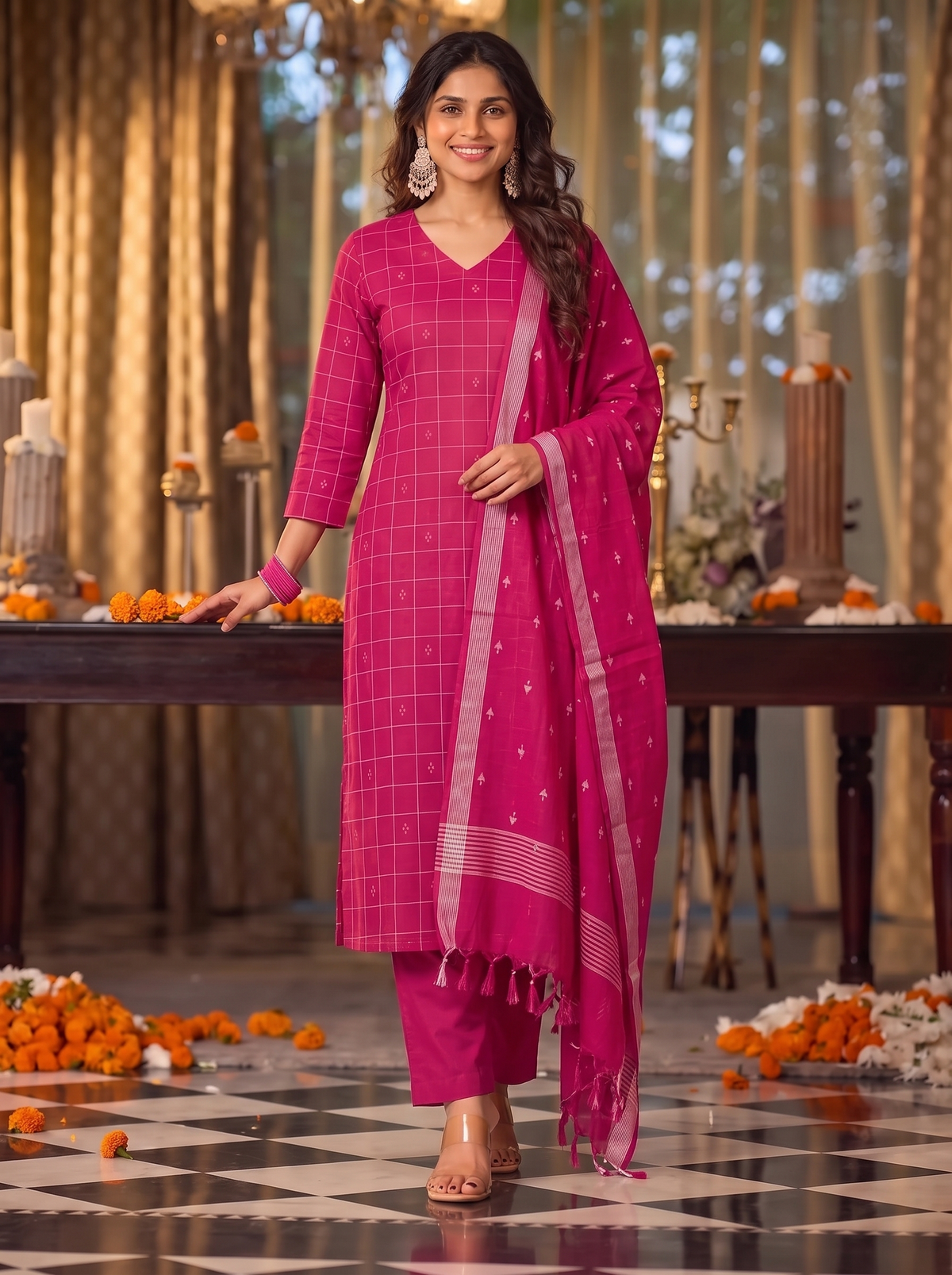 Nithila(Magenta Pink) – Grid & Jamdani Woven Handloom Cotton Suit Set in Magenta Pink