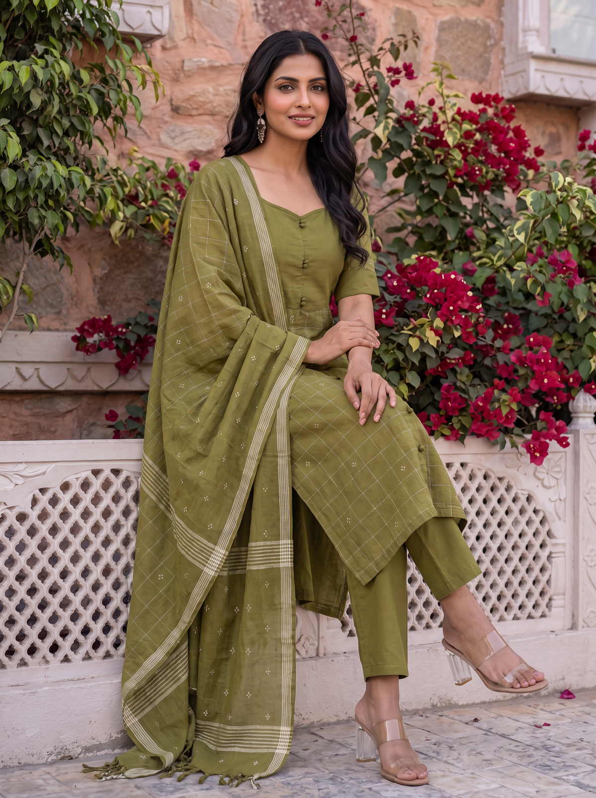 Nithila(Olive Green) – Grid & Jamdani Woven Handloom Cotton Suit Set in Olive Green