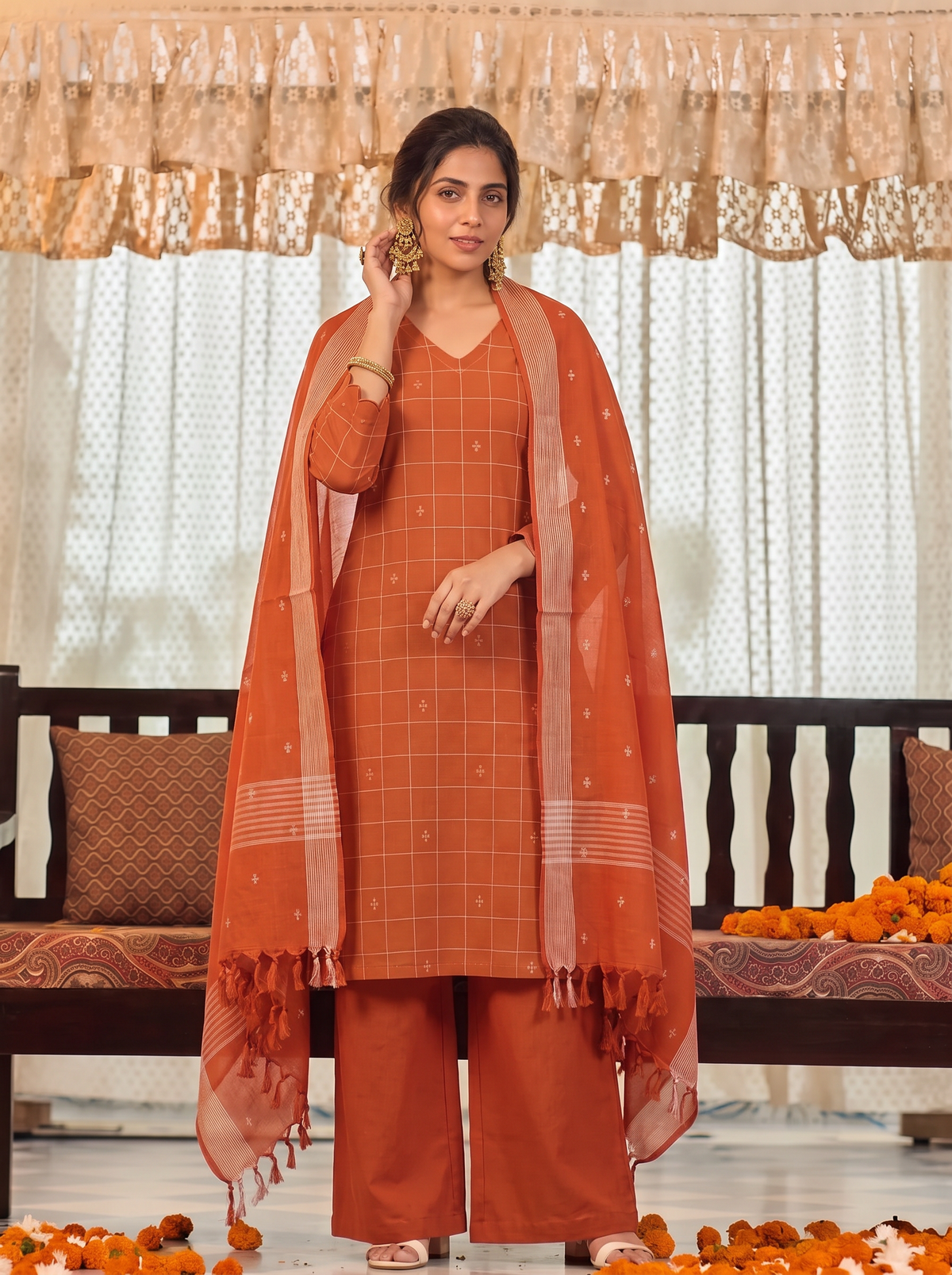 Nithila(Rust Terracotta) – Grid & Jamdani Woven Handloom Cotton Suit Set in Rust Terracotta