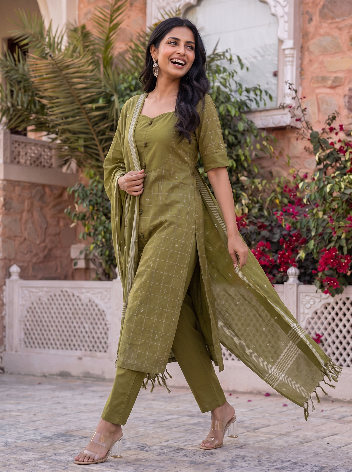 Nithila(Olive Green) – Grid & Jamdani Woven Handloom Cotton Suit Set in Olive Green