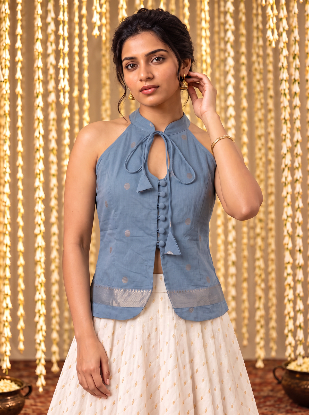 Crop Top #173 – Handloom Silk-Cotton Top in Dust Blue