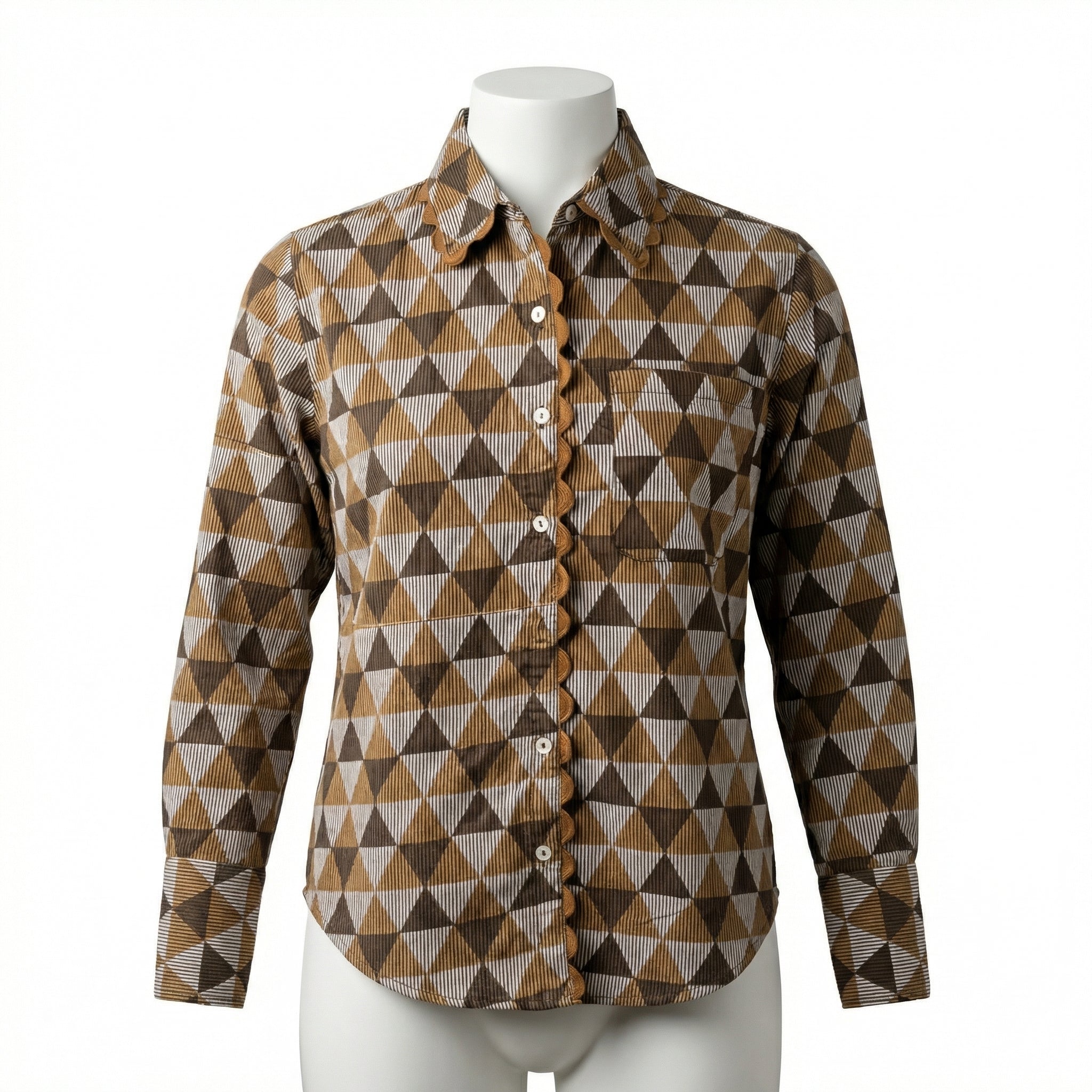 Women's shirt 37-  Geometric pyramid printed organic cotton shirt with scallop detailing in brown