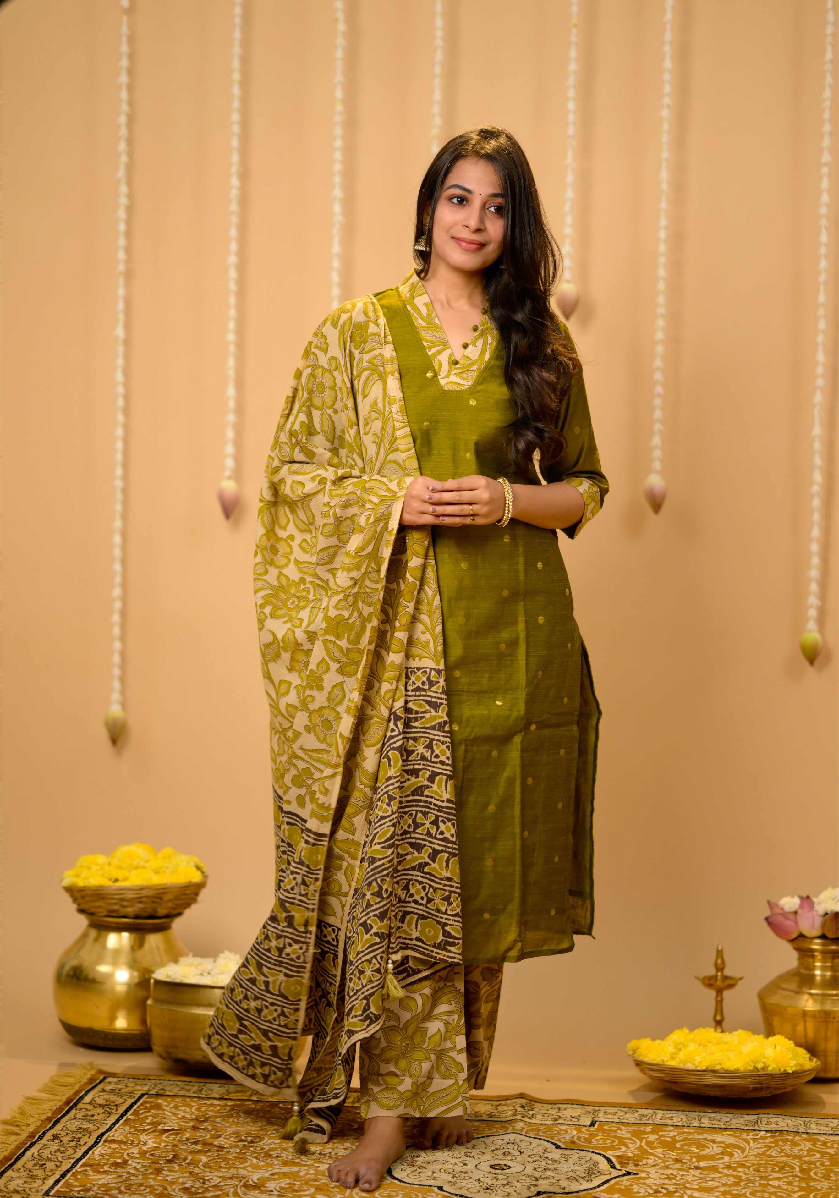 Kothai (green) - handloom silk by cotton suit set with hand painted kalamkari dupatta in green