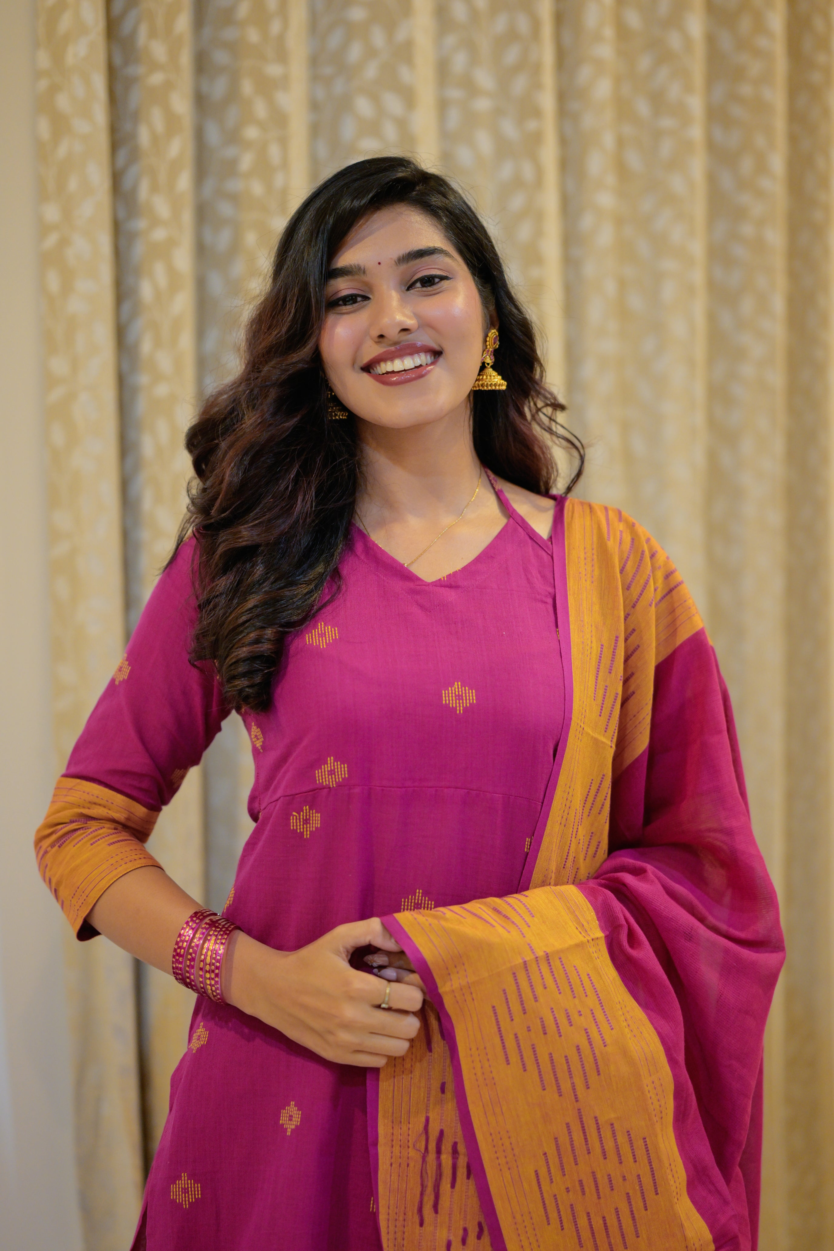 Vasundhra (pink) - handloom cotton jamdhani suit set in pink