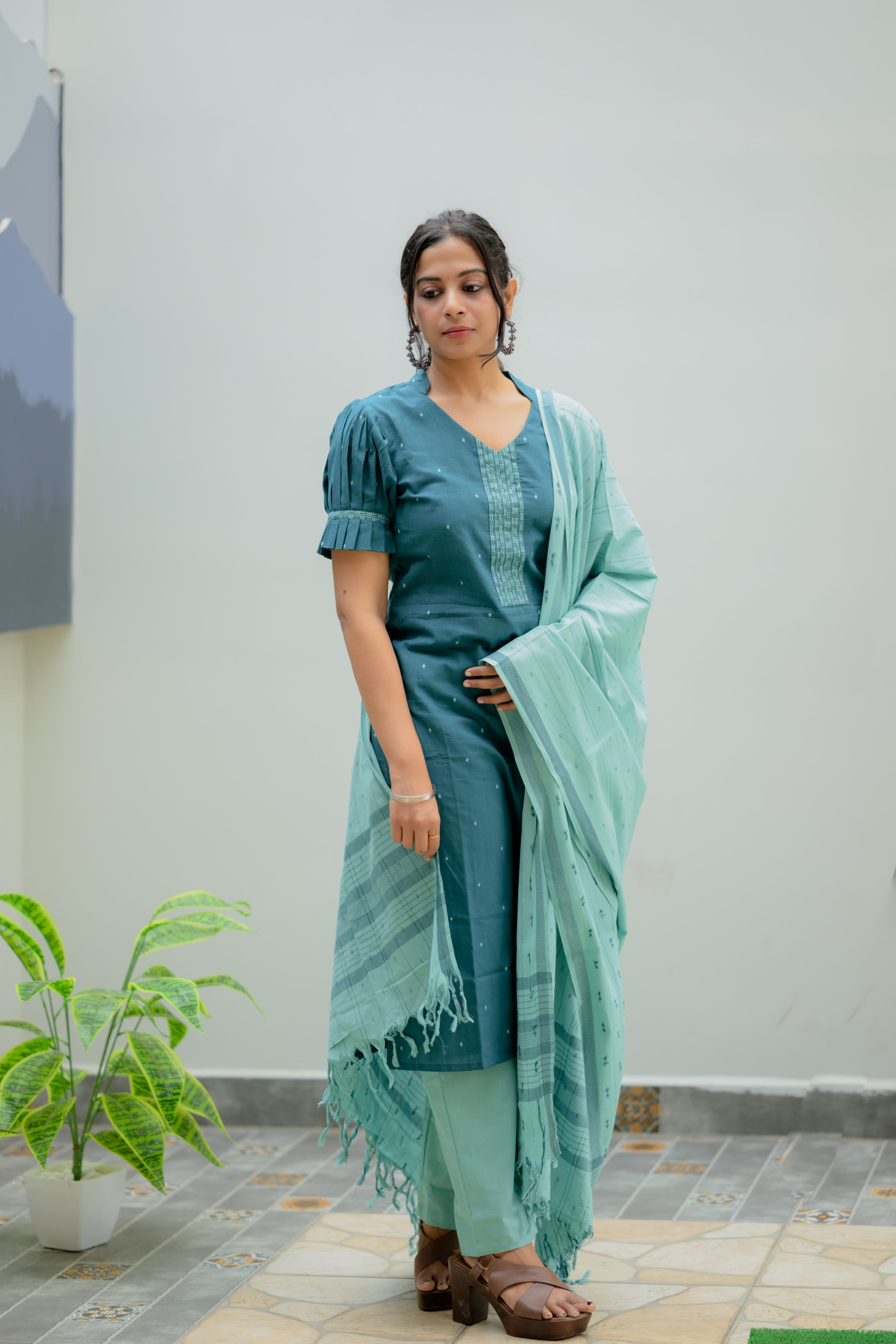Snigdha ( teal blue ) - handloom cotton suit set in teal blue