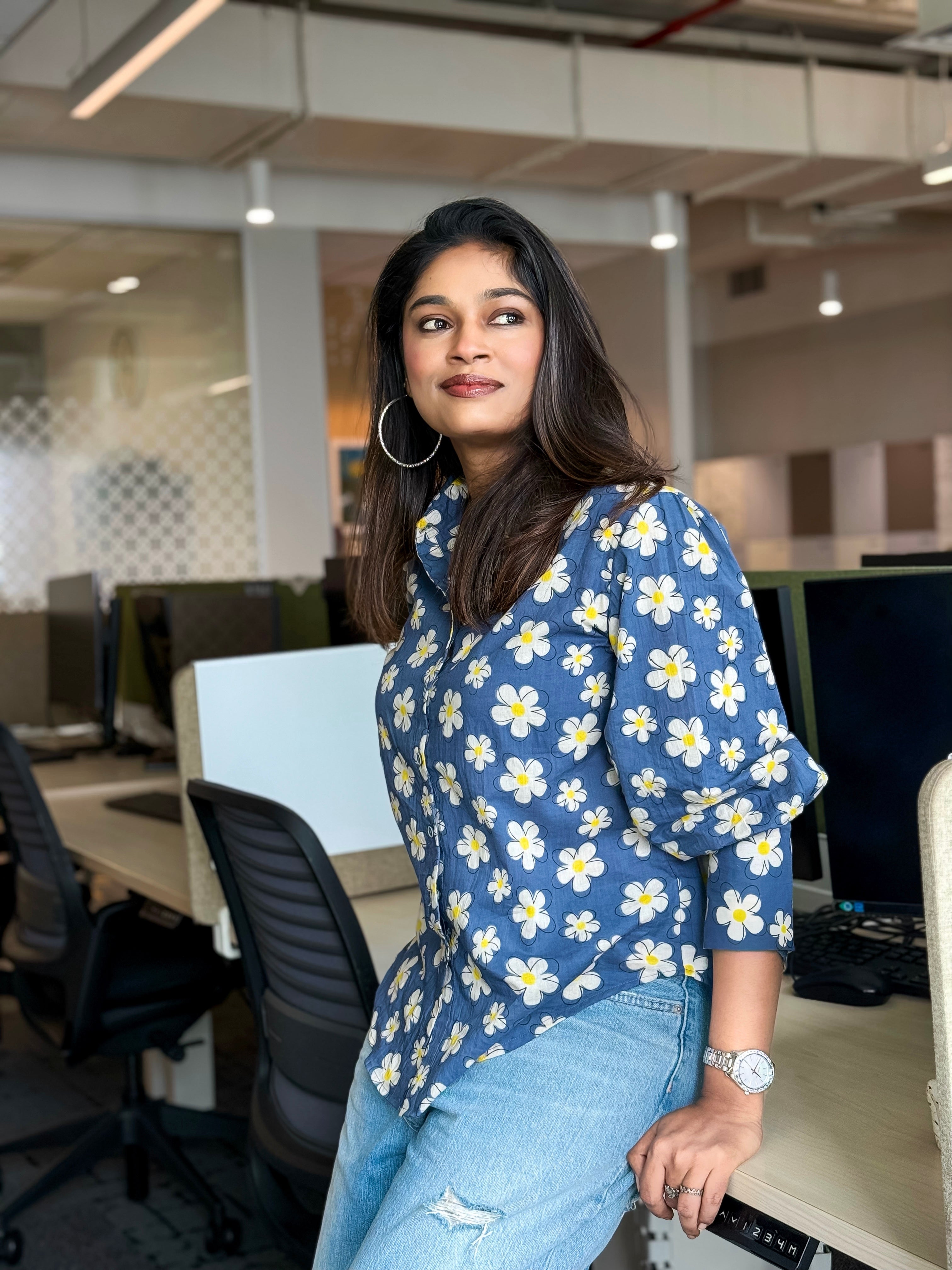 Women's shirt 7 - floral silhouette printed organic cotton shirt in grey colour